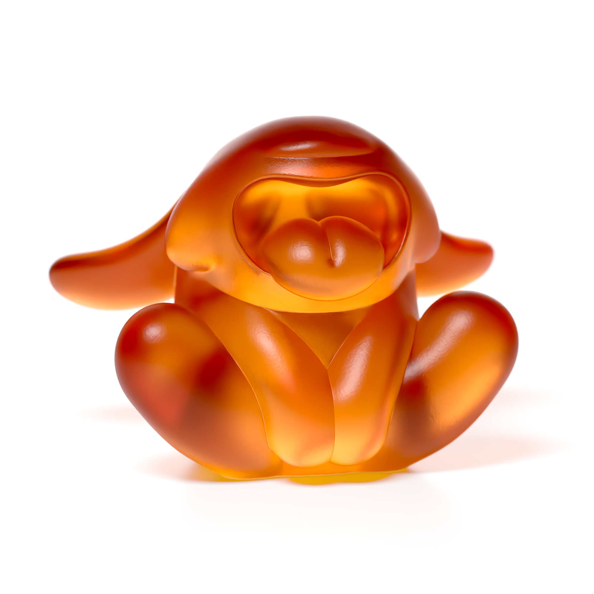 "Bunnie Roar Crystal," a sculpture, amber color, is an artistic creation by Ferdi B Dick 03 front view