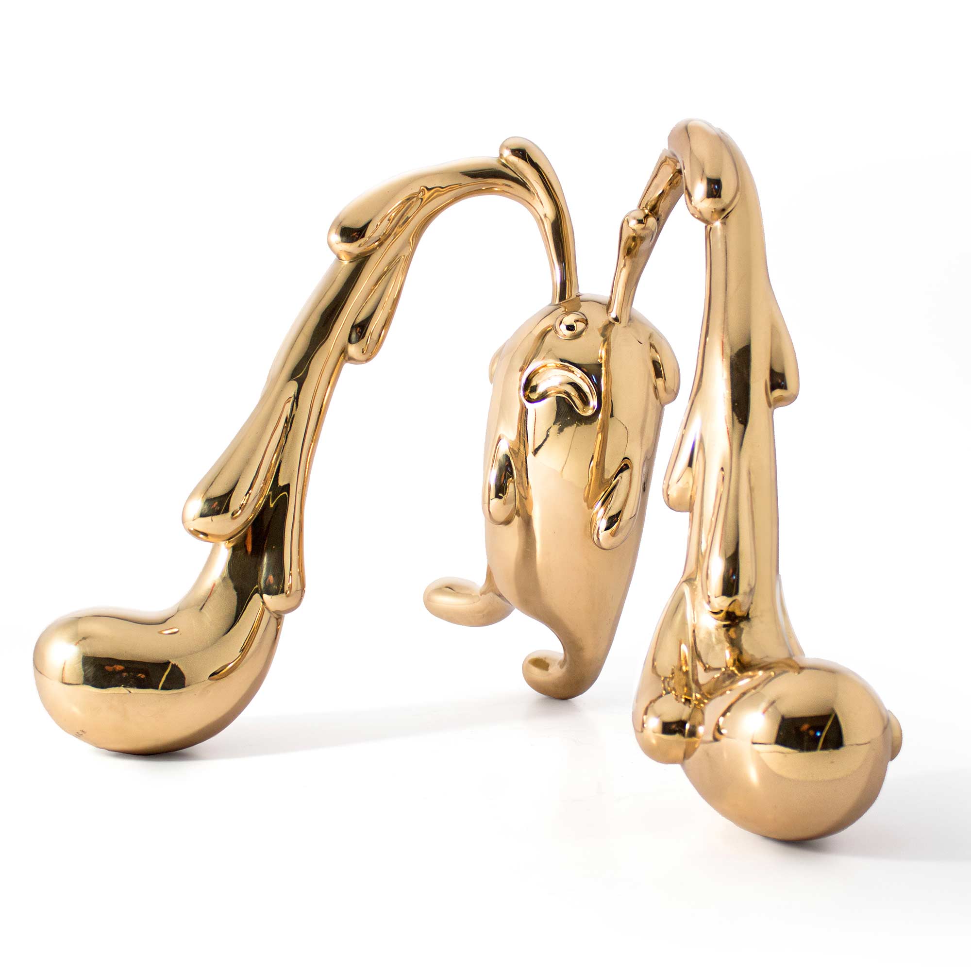 Overwhelmed Bear, crying bear character sculpture, Mirror Polished bronze sculpture, by artist Ferdi B Dick, hero view