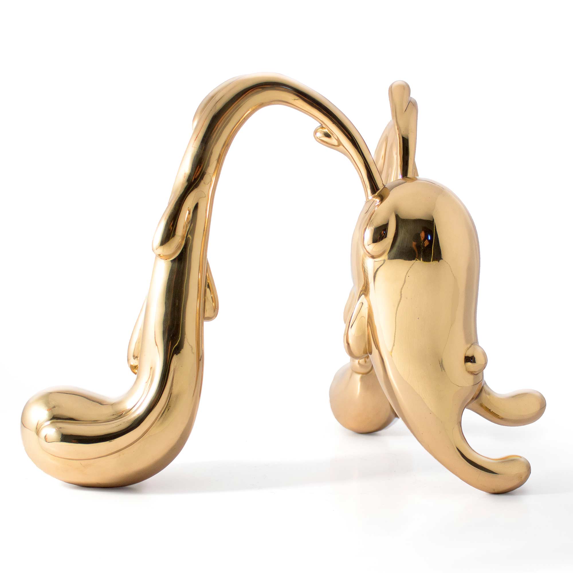 Overwhelmed Bear, crying bear character sculpture, Mirror Polished bronze sculpture, by artist Ferdi B Dick, 45 degree side back view