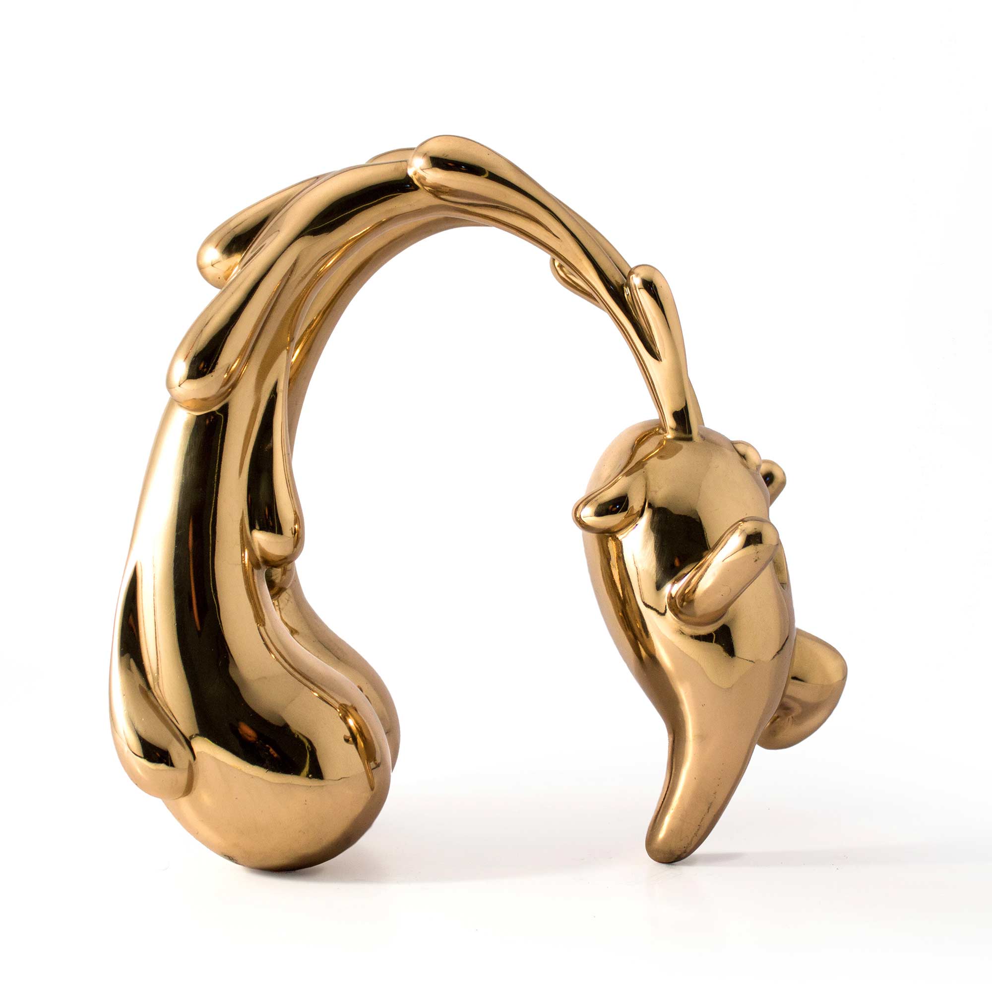 Scared Bear, crying bear character sculpture, Mirror Polished bronze sculpture, by artist Ferdi B Dick, side view