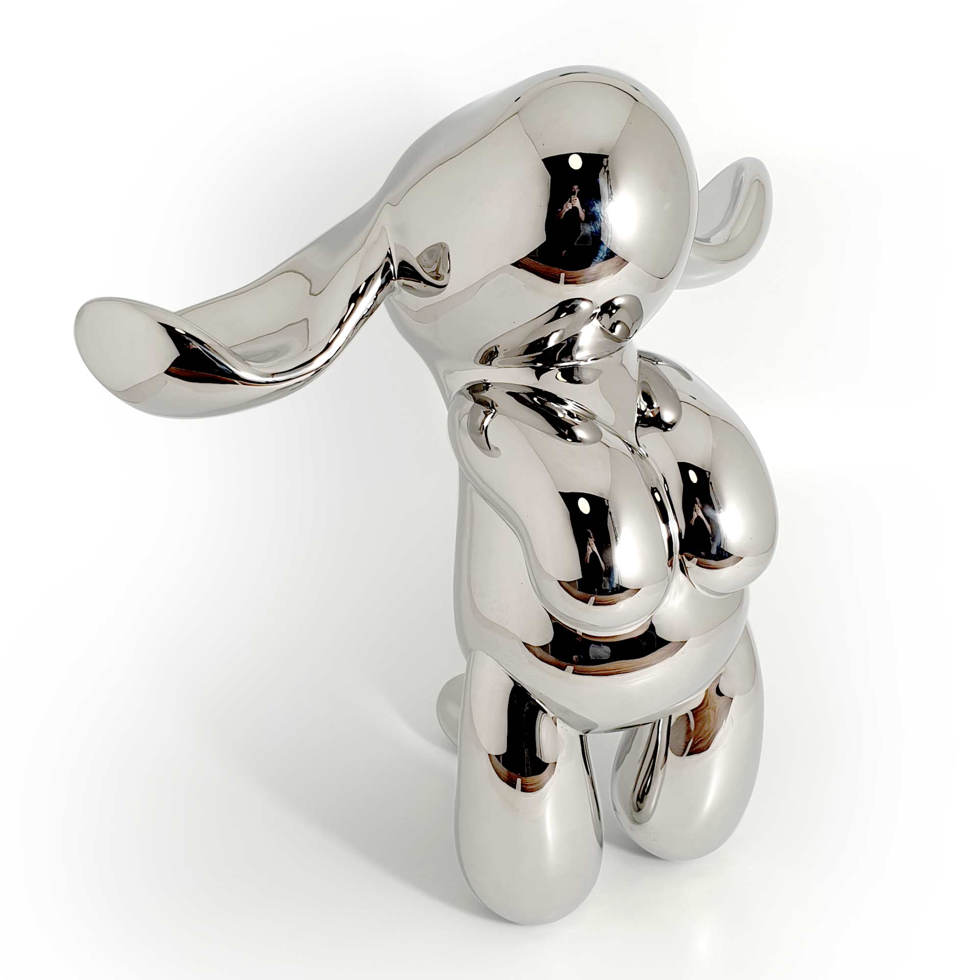 Up and up, dog sculpture, Mirror Polished Stainless Steel Sculpture, by artist Ferdi B Dick, hero view