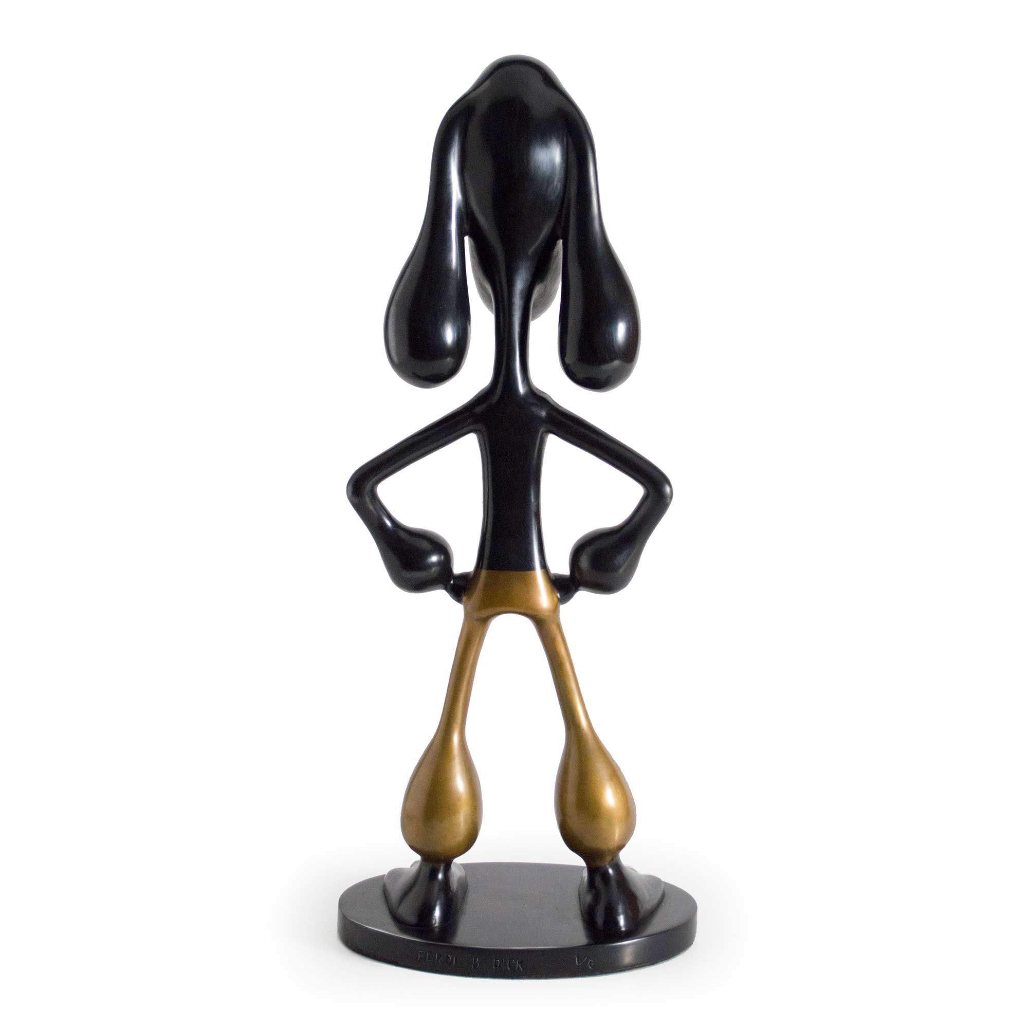 Barking biting freezing fighting I, dog character sculpture, black and yellow patina bronze sculpture, by artist Ferdi B Dick, back view