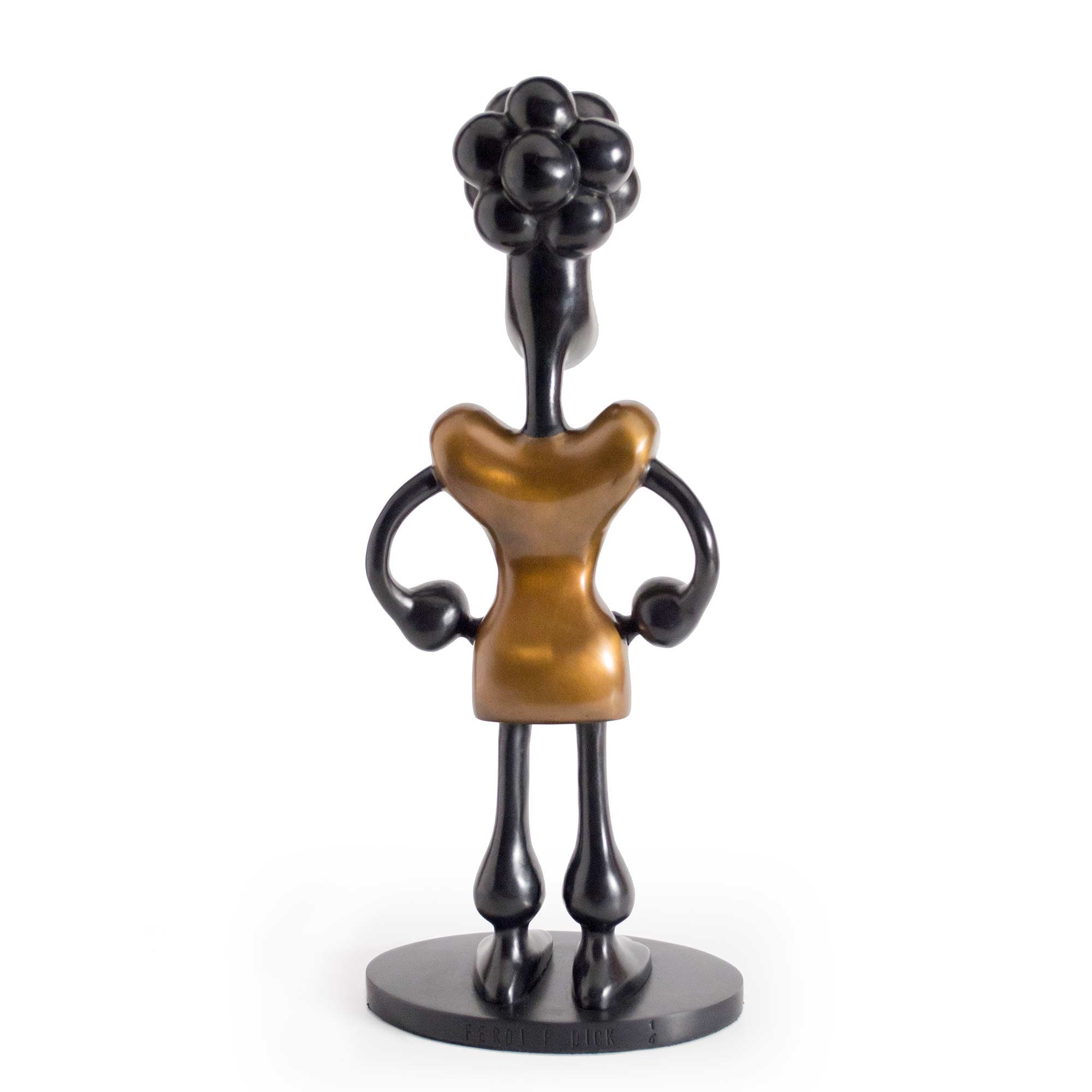 Barking biting freezing fighting II, dog character sculpture, black and yellow patina bronze sculpture, by artist Ferdi B Dick, back view