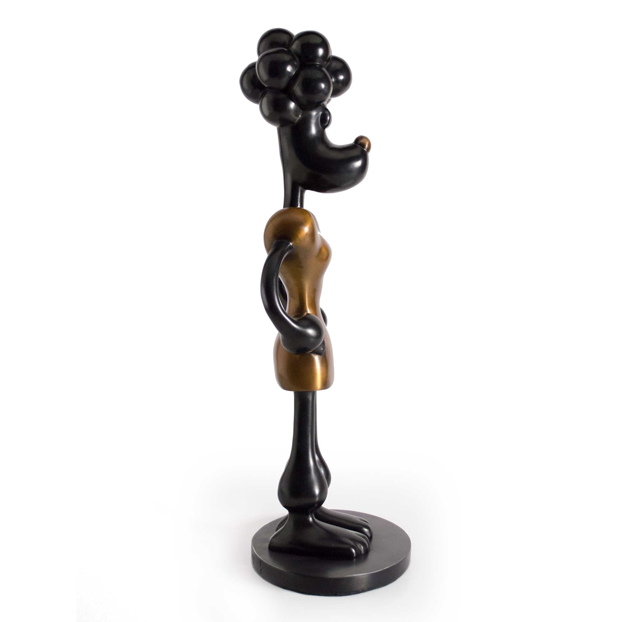 Barking biting freezing fighting II, dog character sculpture, black and yellow patina bronze sculpture, by artist Ferdi B Dick, side view