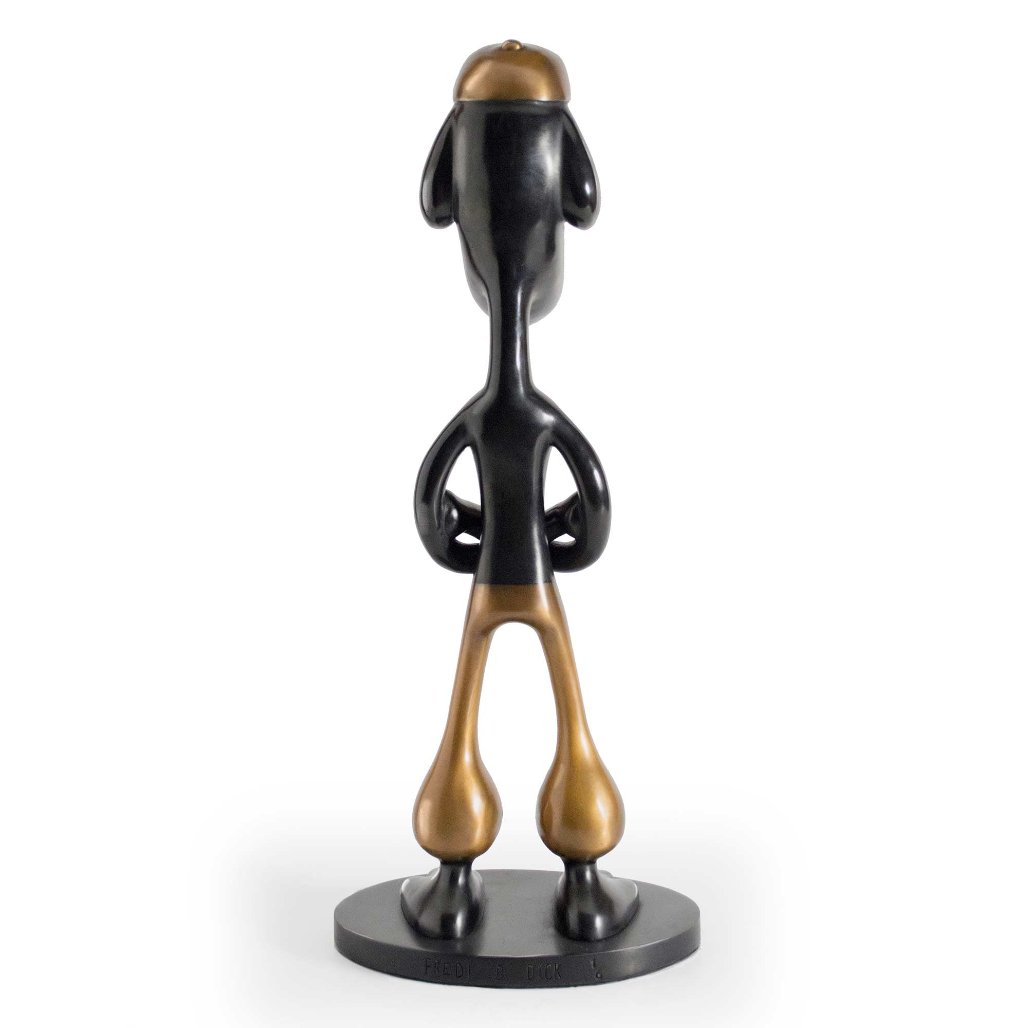 Barking biting freezing fighting III, dog character sculpture, black and yellow patina bronze sculpture, by artist Ferdi B Dick, back view