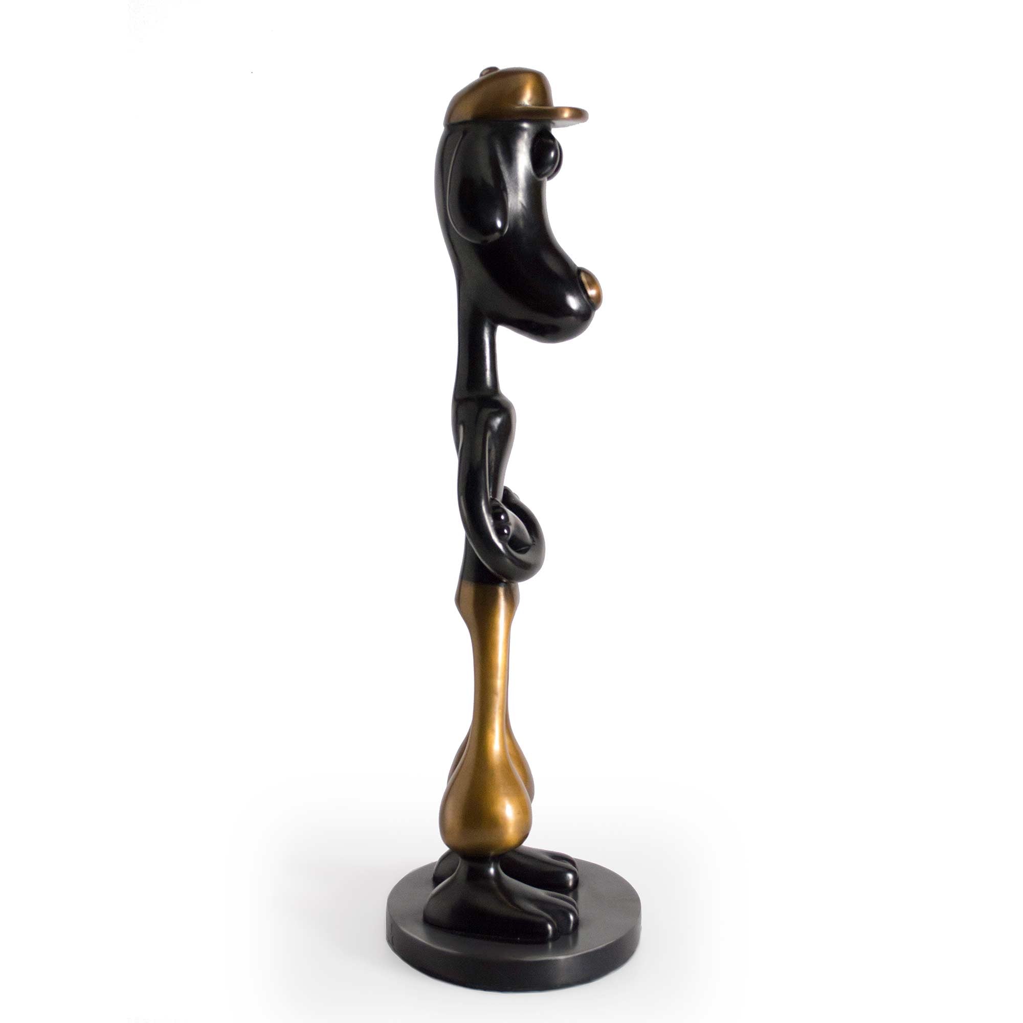 Barking biting freezing fighting III, dog character sculpture, black and yellow patina bronze sculpture, by artist Ferdi B Dick, side view