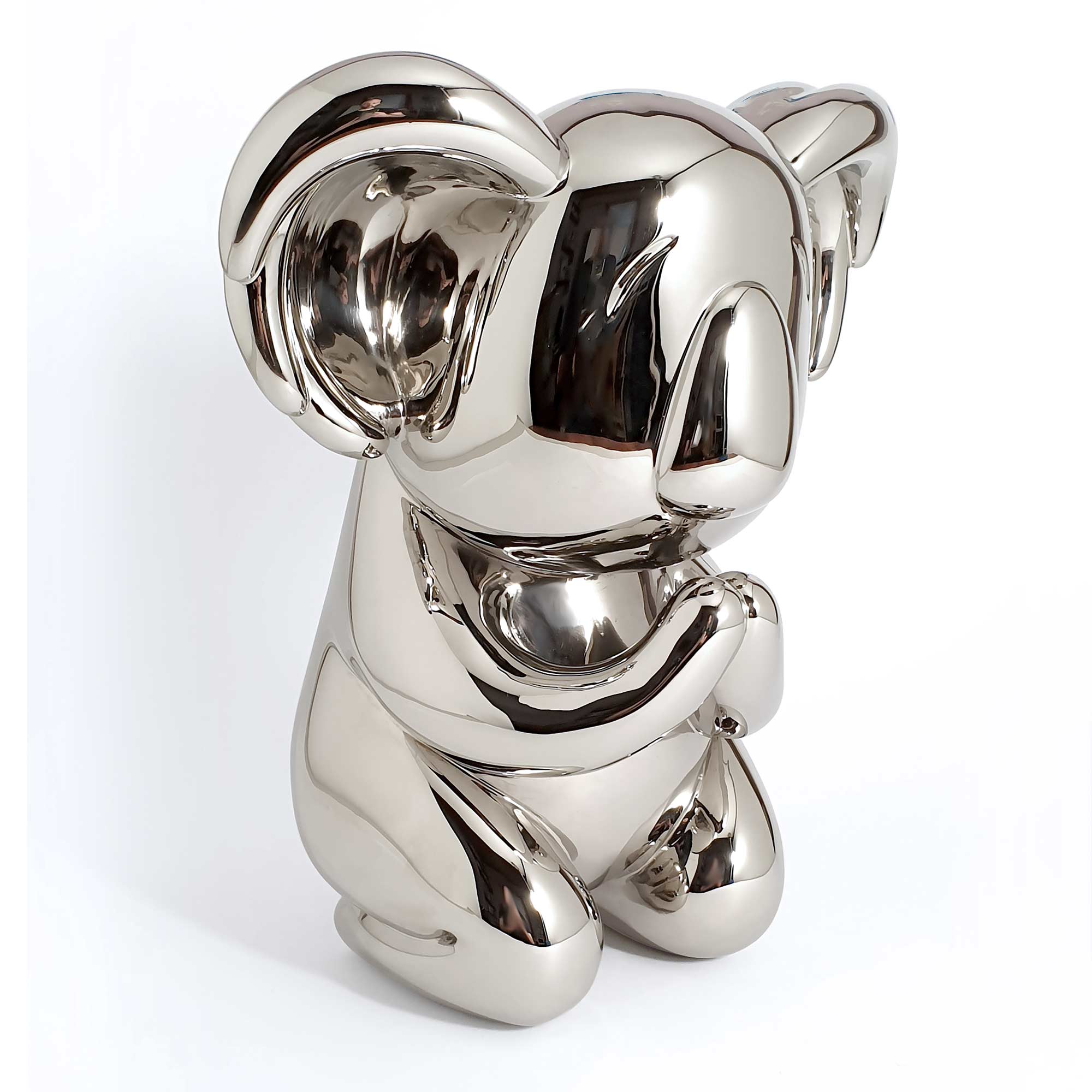 Koala “What else to do?” sculpture, Mirror Polished Stainless Steel Sculpture, by artist Ferdi B Dick, 45 front view