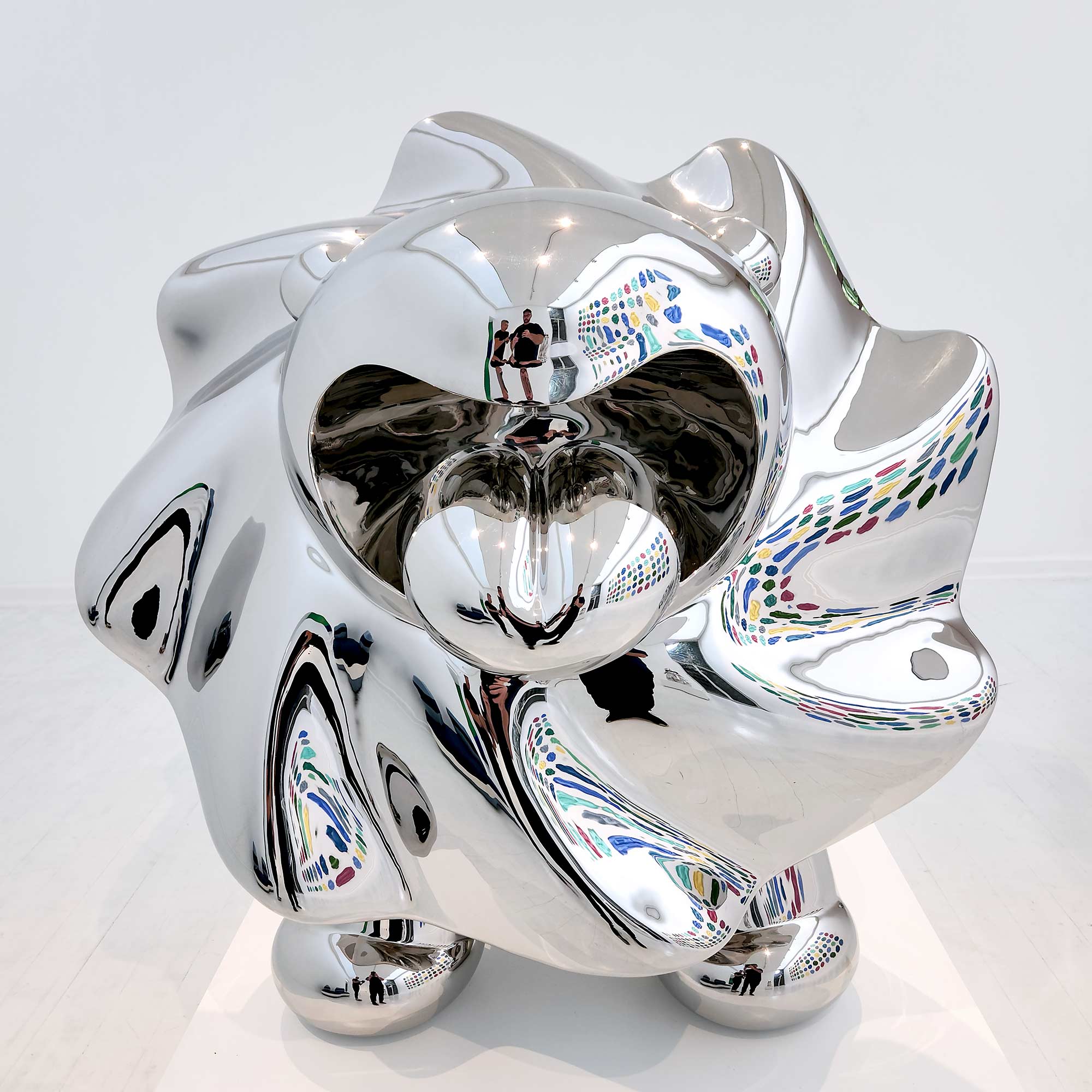 Lions breath polished stainless steel sculpture large size by Ferdi B Dick , closeup of face