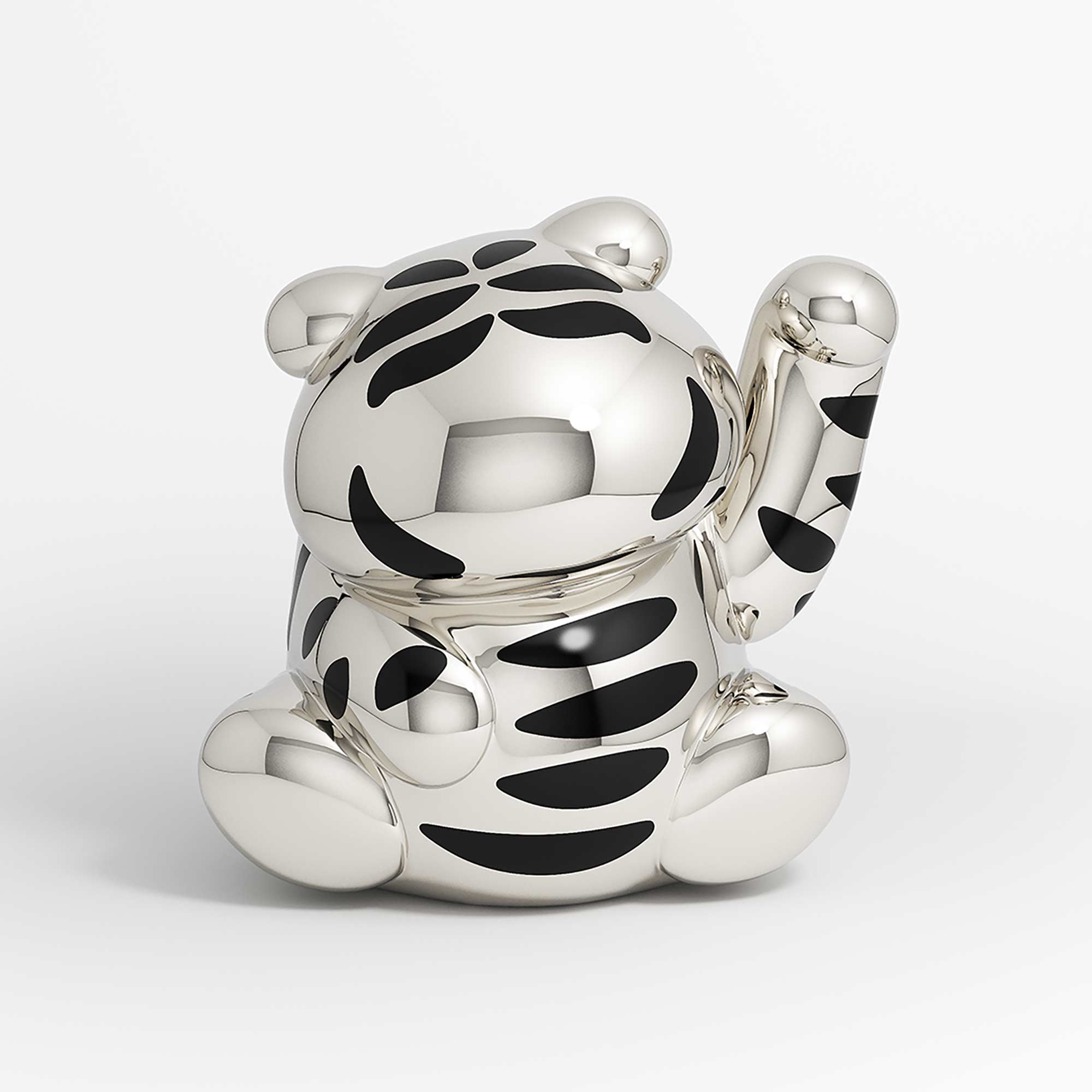 Lucky Tiger Cub, tiger cat sculpture, Mirror Polished Stainless Steel Sculpture, by artist Ferdi B Dick, hero view