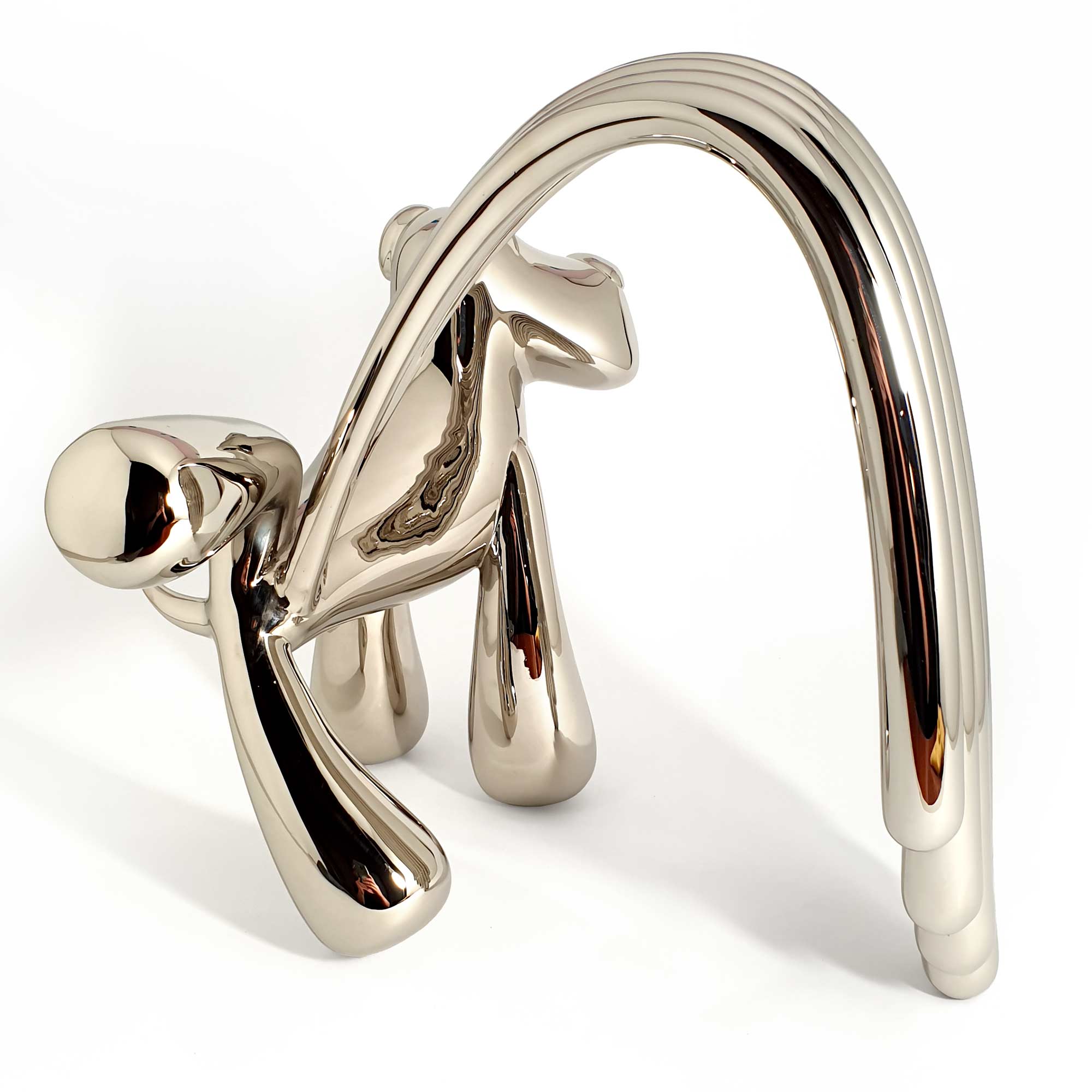 Over the Rainbow, dog sculpture, Mirror Polished Stainless Steel Sculpture, by artist Ferdi B Dick, back view