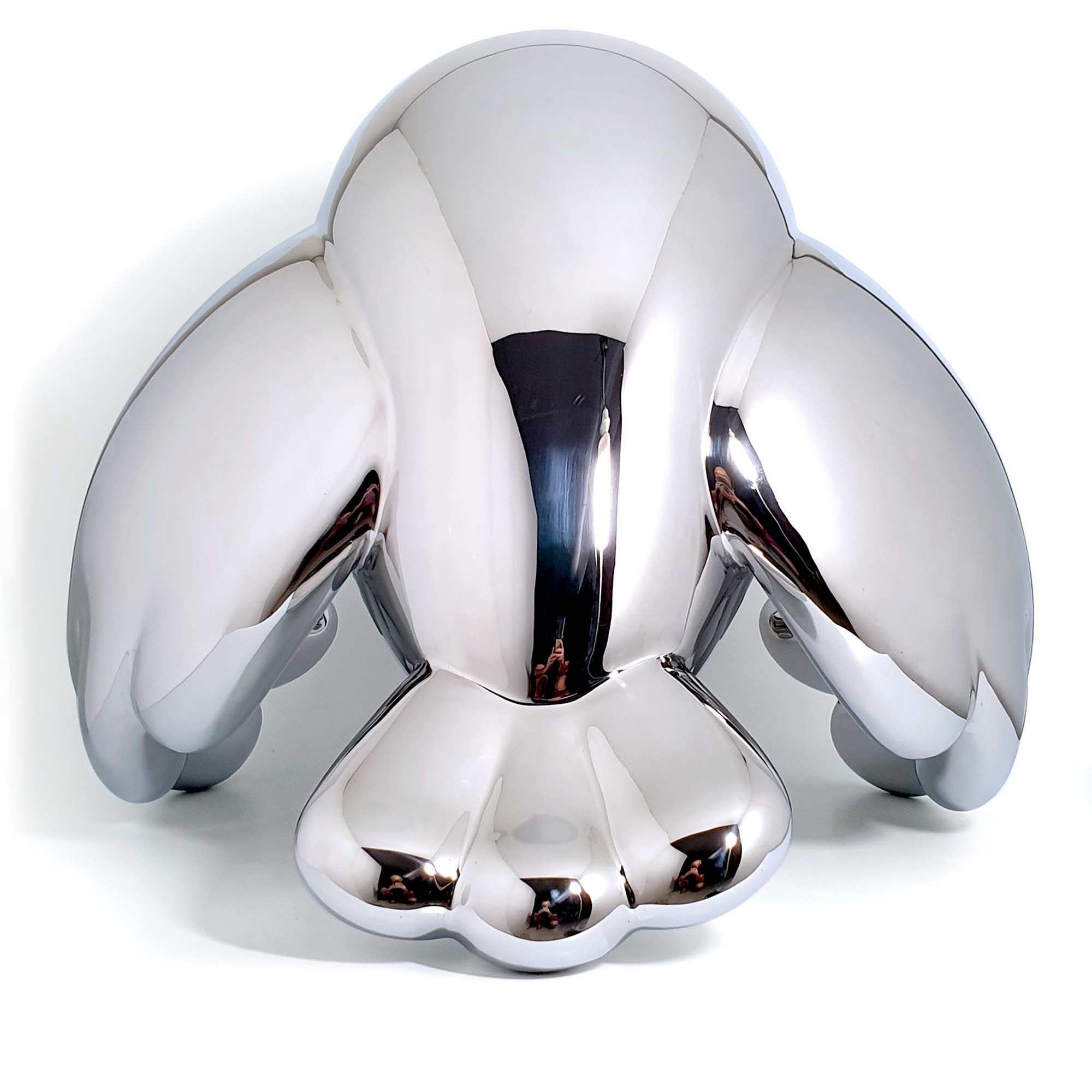 Wind Beneath Owl, bird sculpture, Mirror Polished Stainless Steel Sculpture, by artist Ferdi B Dick, back view