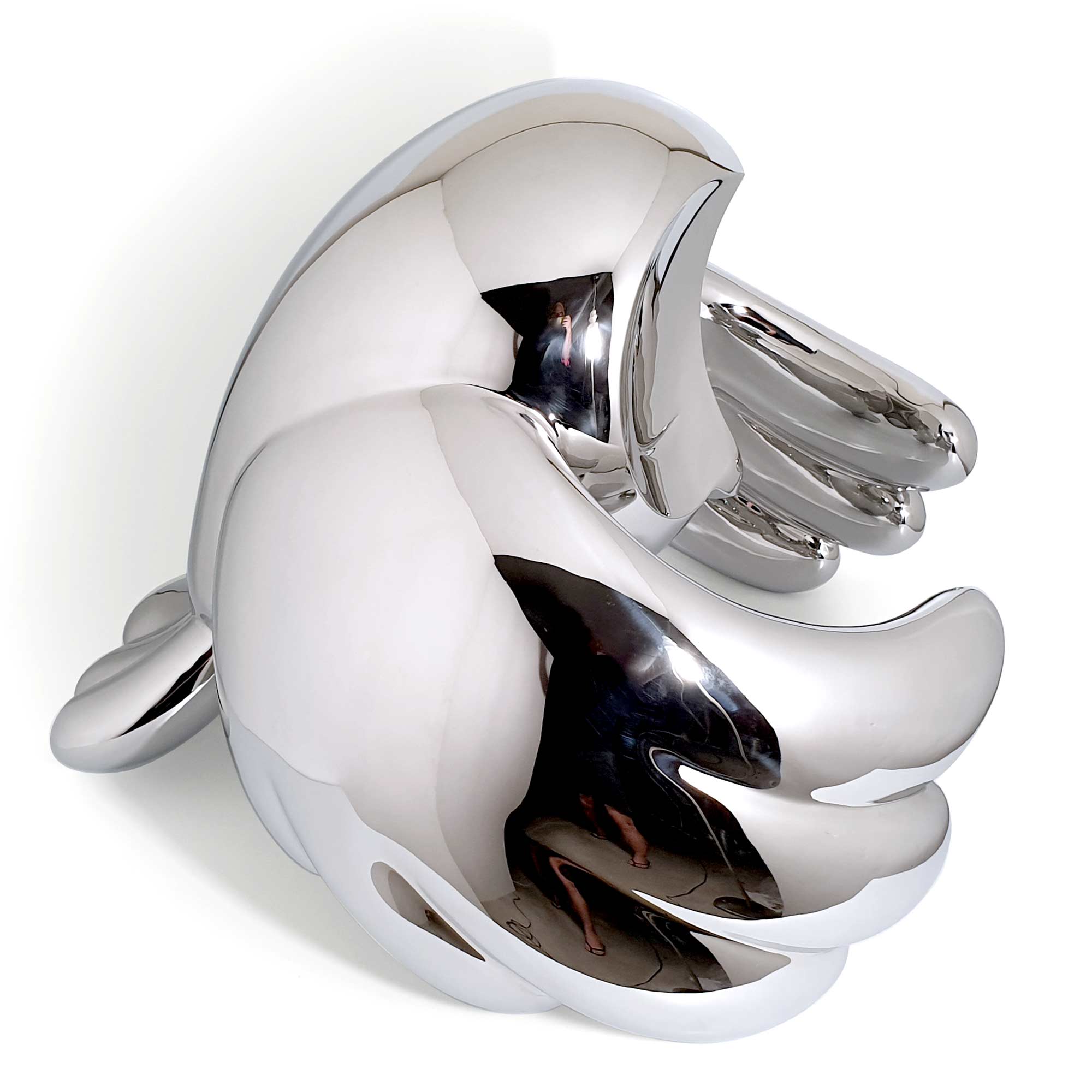 Wind Beneath Owl, bird sculpture, Mirror Polished Stainless Steel Sculpture, by artist Ferdi B Dick, side view 2