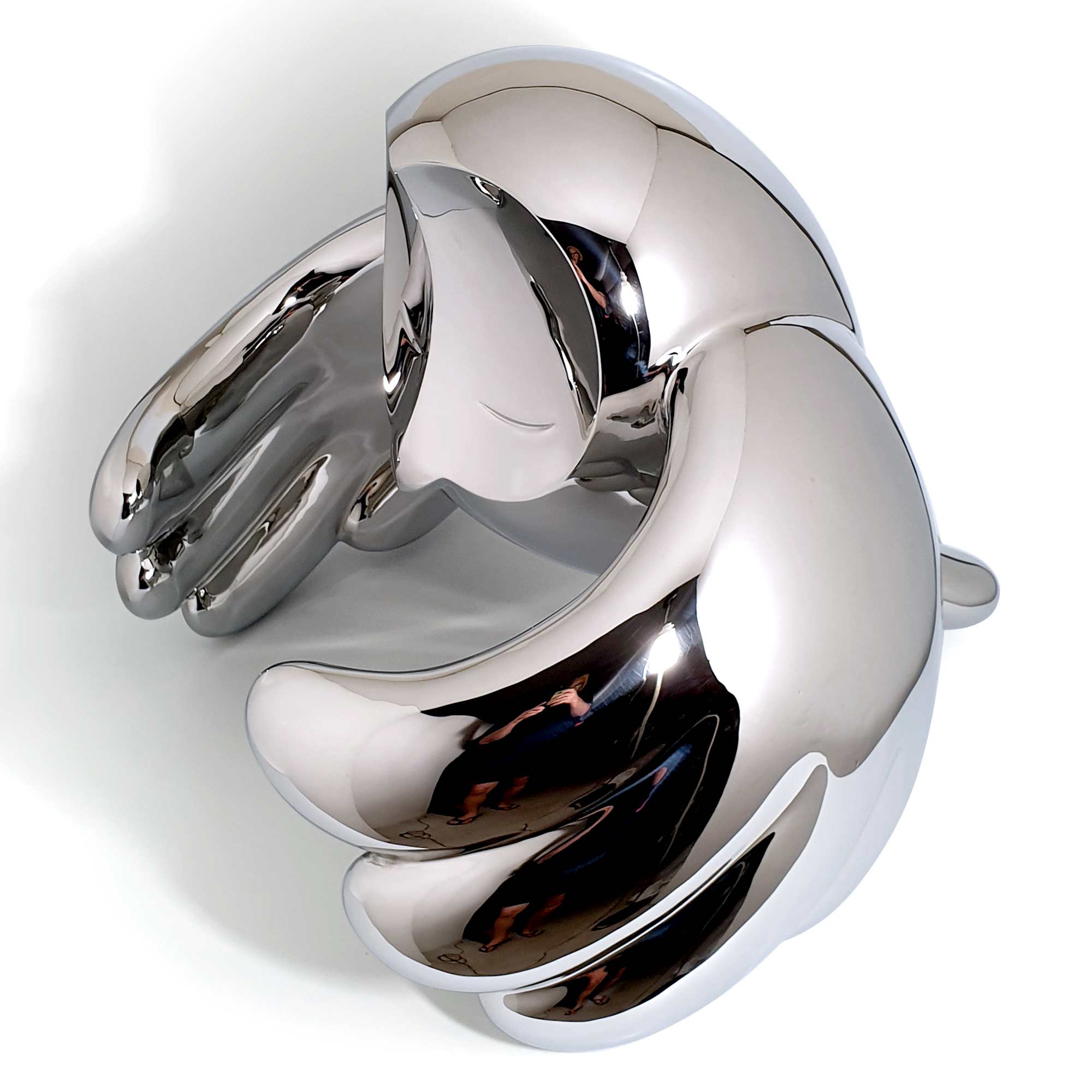 Wind Beneath Owl, bird sculpture, Mirror Polished Stainless Steel Sculpture, by artist Ferdi B Dick, side