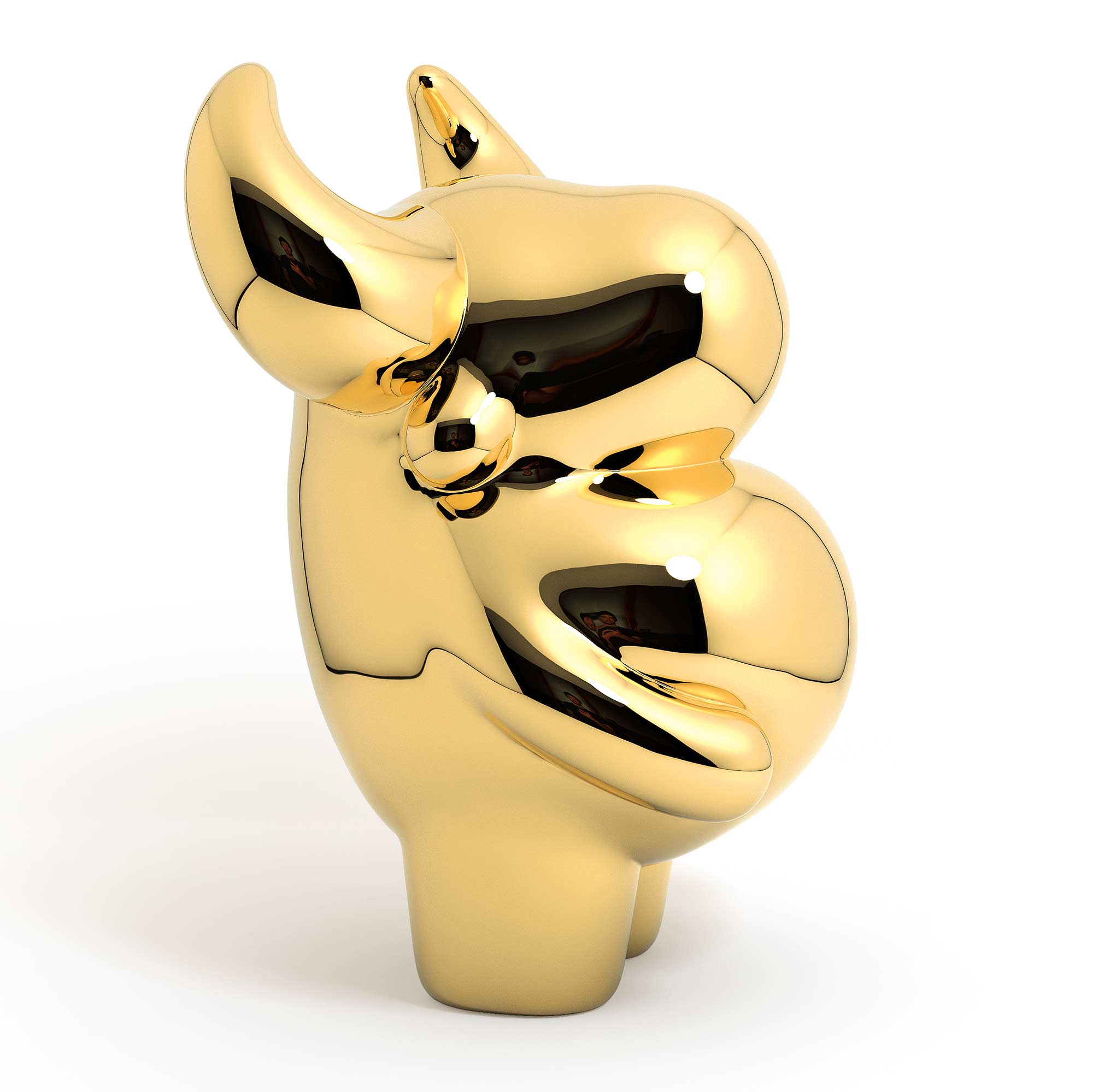 OX “prosperous” bull sculpture, gold plated Mirror Polished Stainless Steel Sculpture, by artist Ferdi B Dick, side view