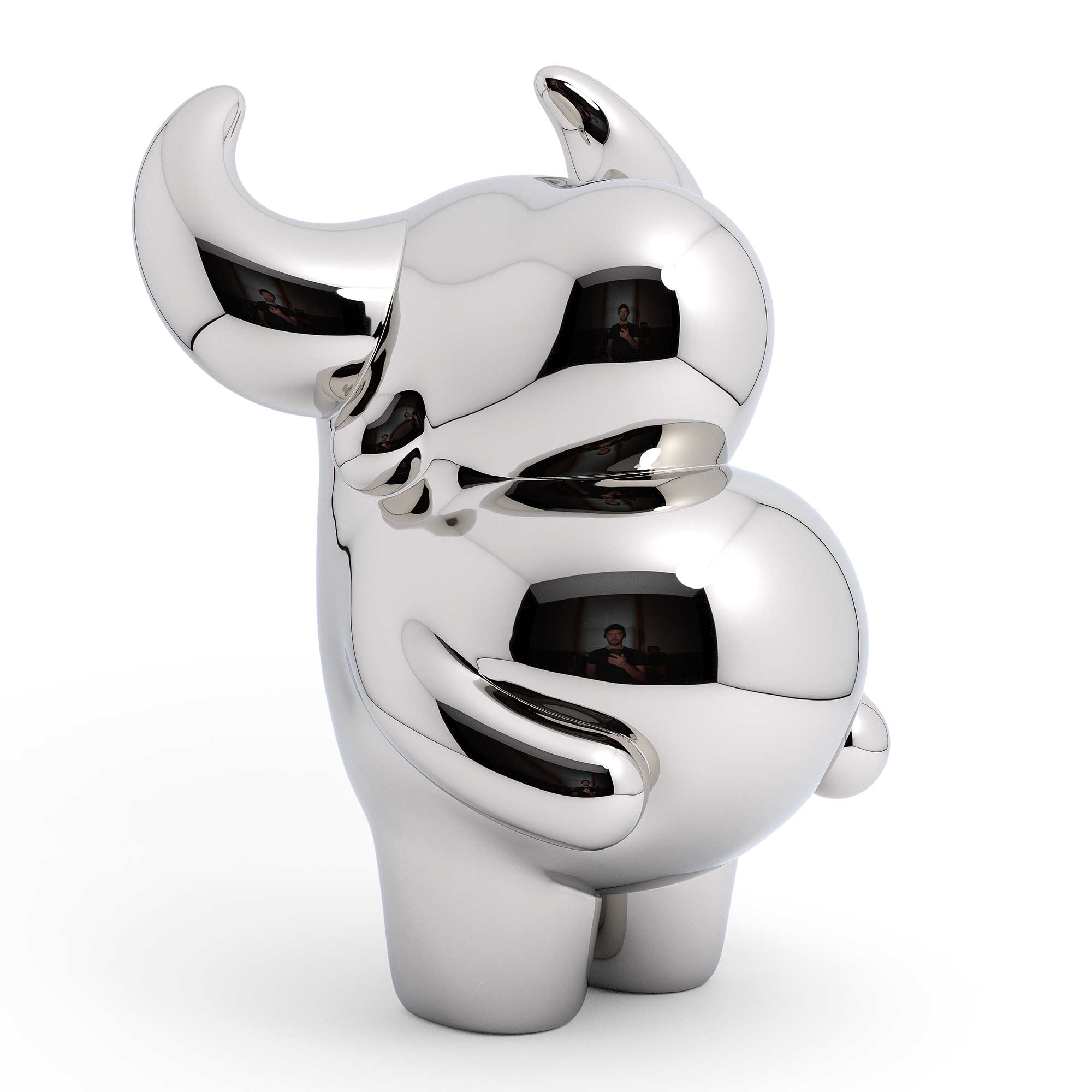 OX “prosperous” bull sculpture, Mirror Polished Stainless Steel Sculpture, by artist Ferdi B Dick, 45 view