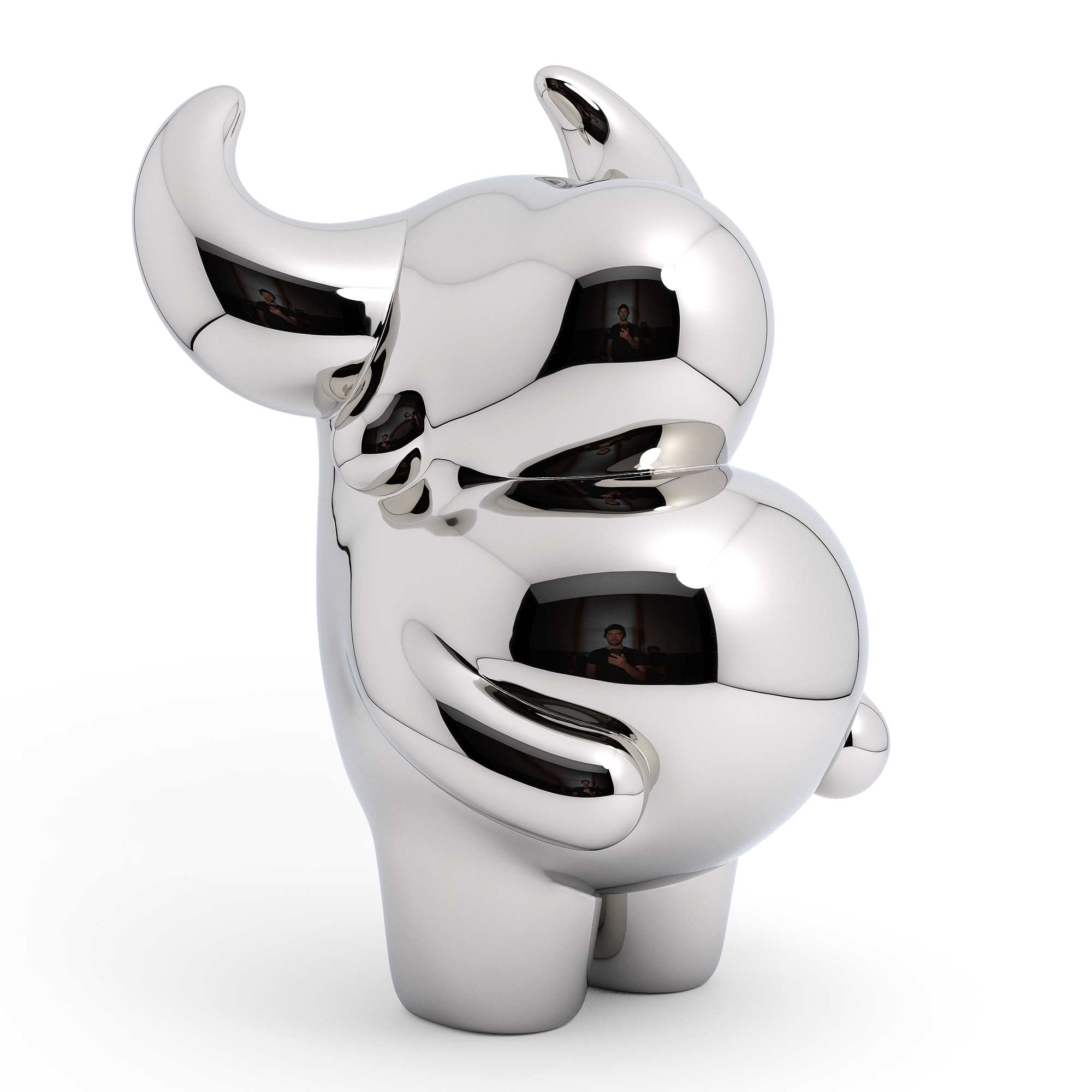 OX “prosperous” bull sculpture, Mirror Polished Stainless Steel Sculpture, by artist Ferdi B Dick, 45 view 