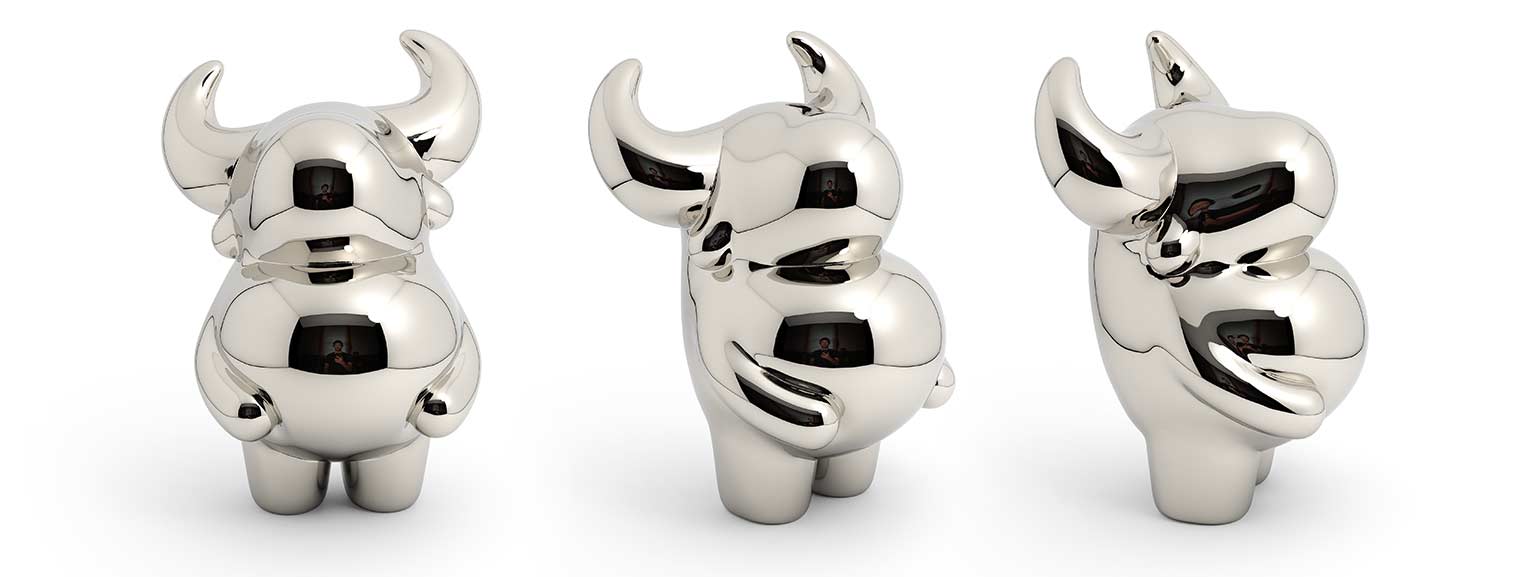 OX “prosperous” bull sculpture, Mirror Polished Stainless Steel Sculpture, by artist Ferdi B Dick, banner view