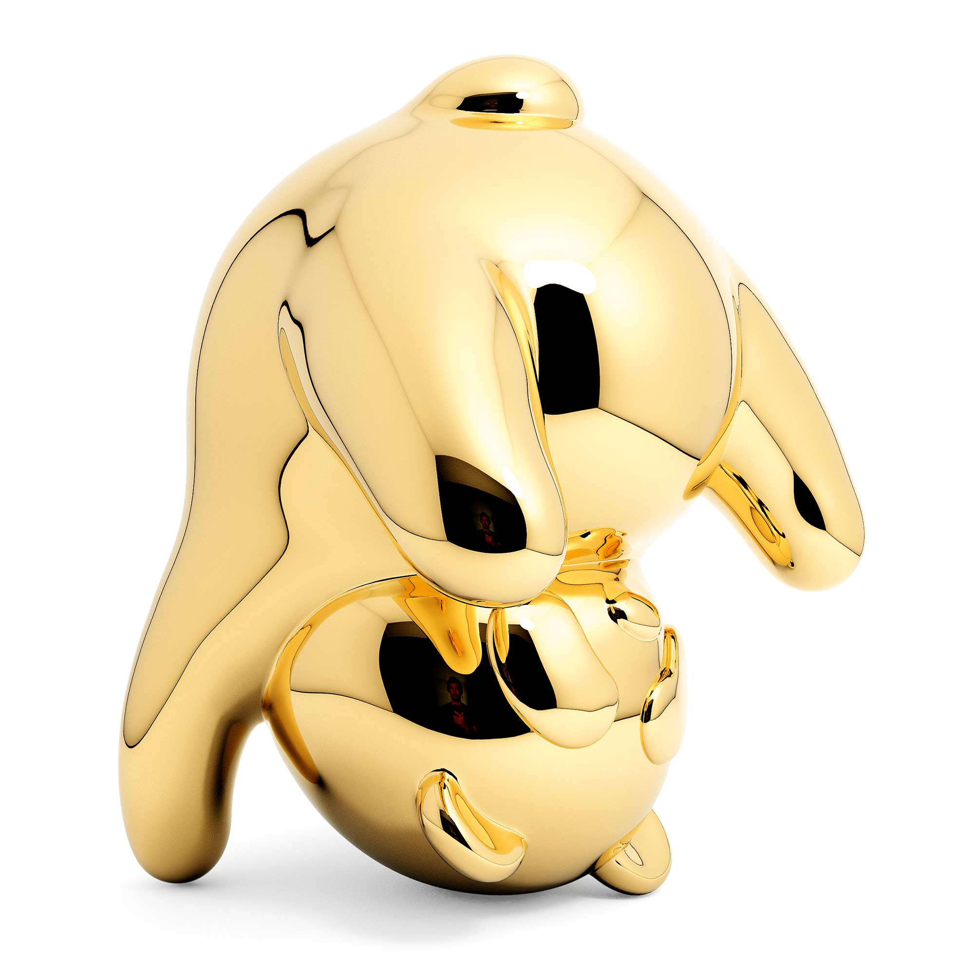 Panda-monium, gold coated Mirror Polished Stainless Steel Sculpture, by artist Ferdi B Dick, hero view