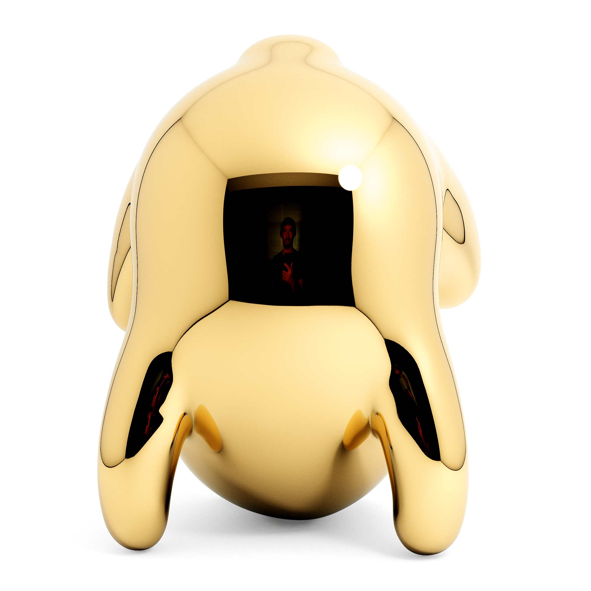 Panda-monium, gold coated Mirror Polished Stainless Steel Sculpture, by artist Ferdi B Dick, back view
