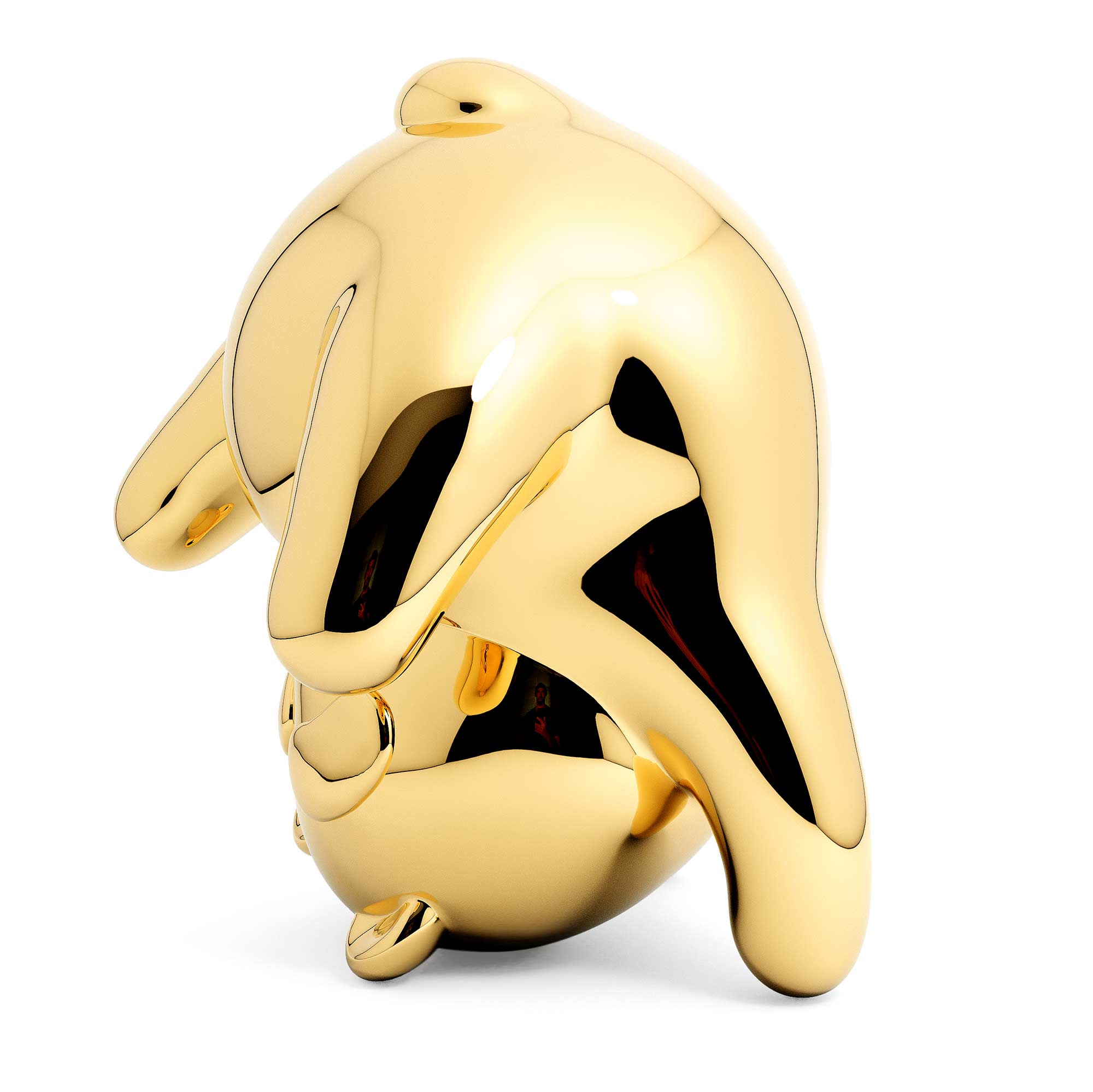 Panda-monium, gold coated Mirror Polished Stainless Steel Sculpture, by artist Ferdi B Dick, side view