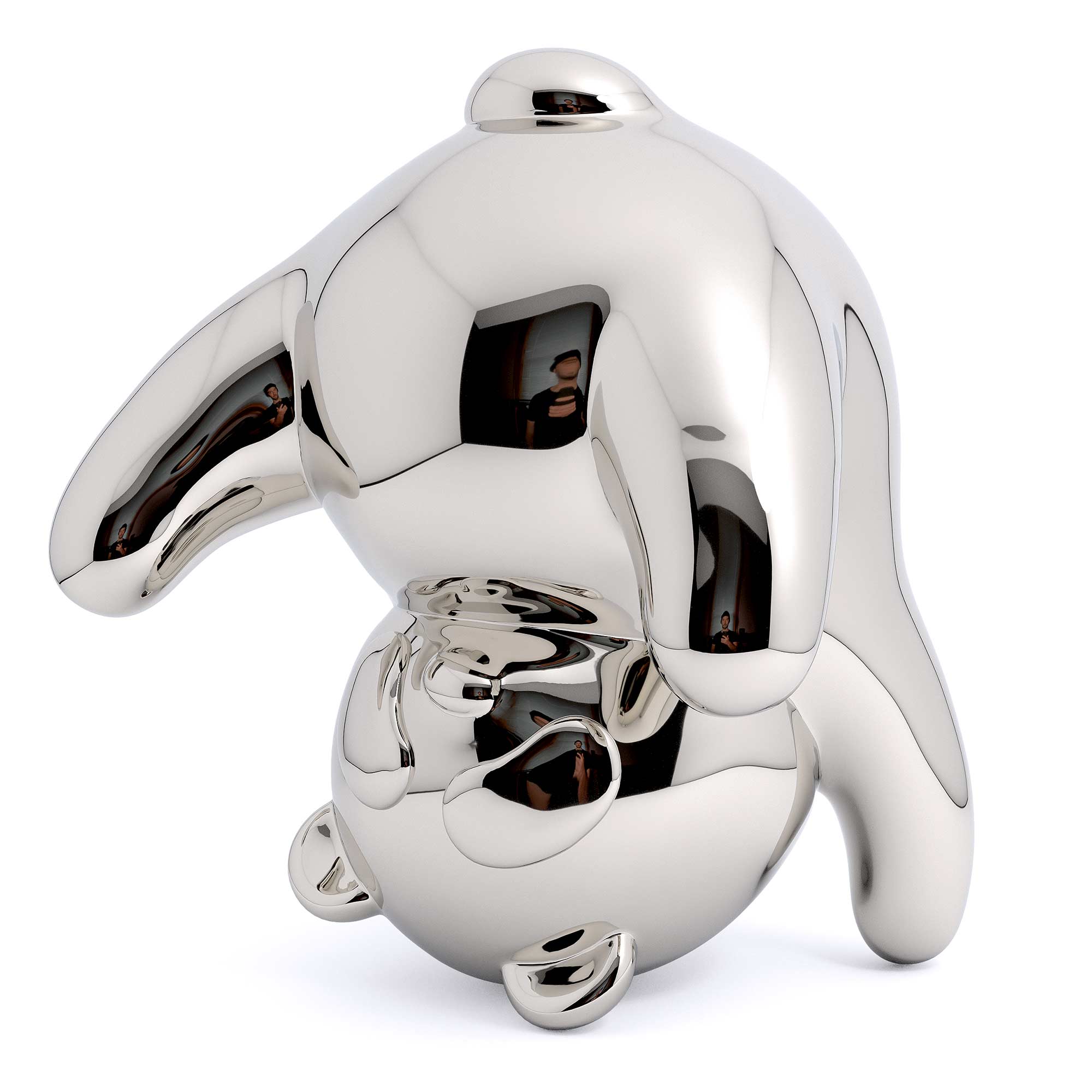 Panda-monium, Mirror Polished Stainless Steel Sculpture, by artist Ferdi B Dick, 45 angle view