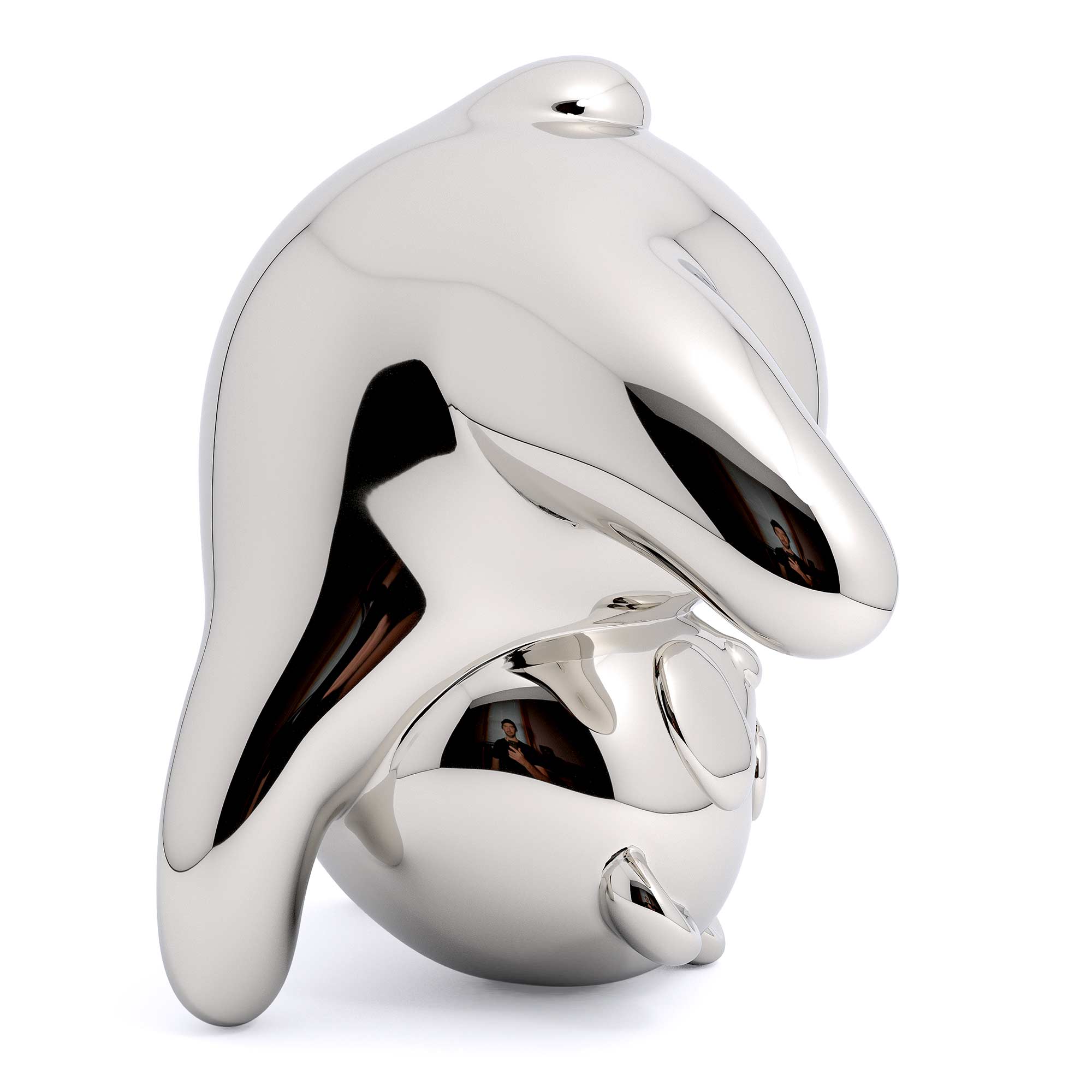 Panda-monium, Mirror Polished Stainless Steel Sculpture, by artist Ferdi B Dick, side view