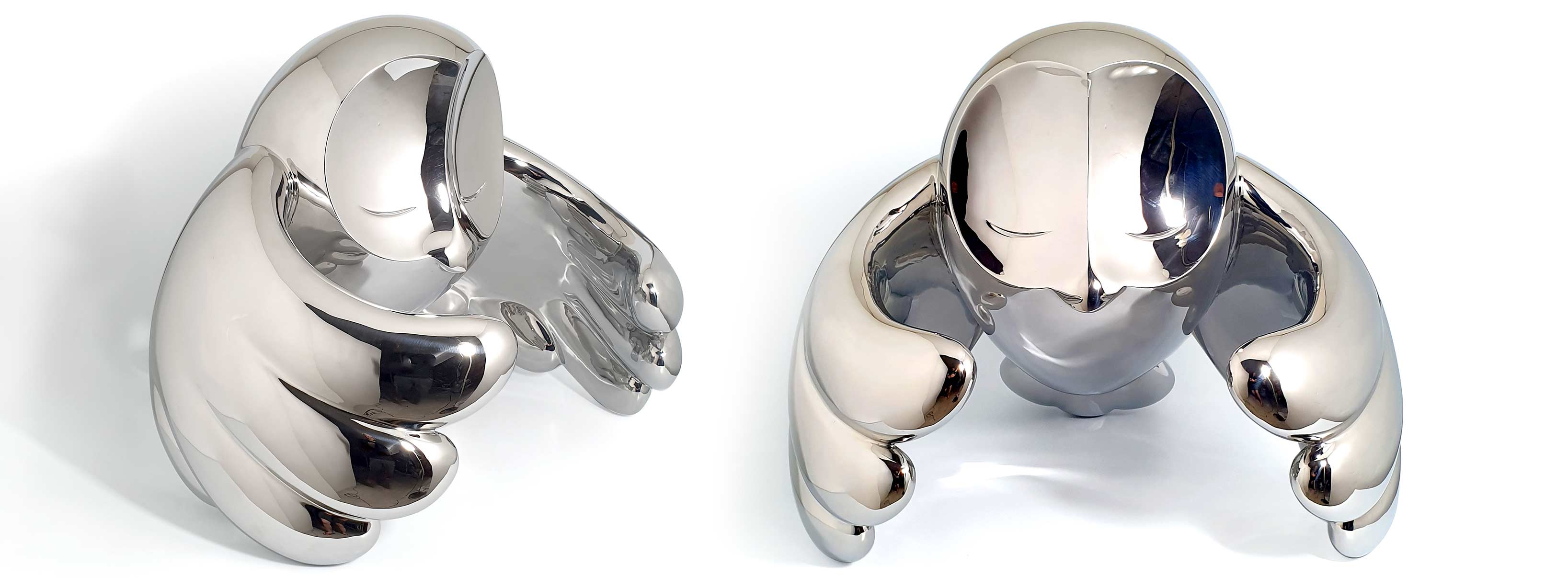 Wind Beneath Owl, bird sculpture, Mirror Polished Stainless Steel Sculpture, by artist Ferdi B Dick, banner