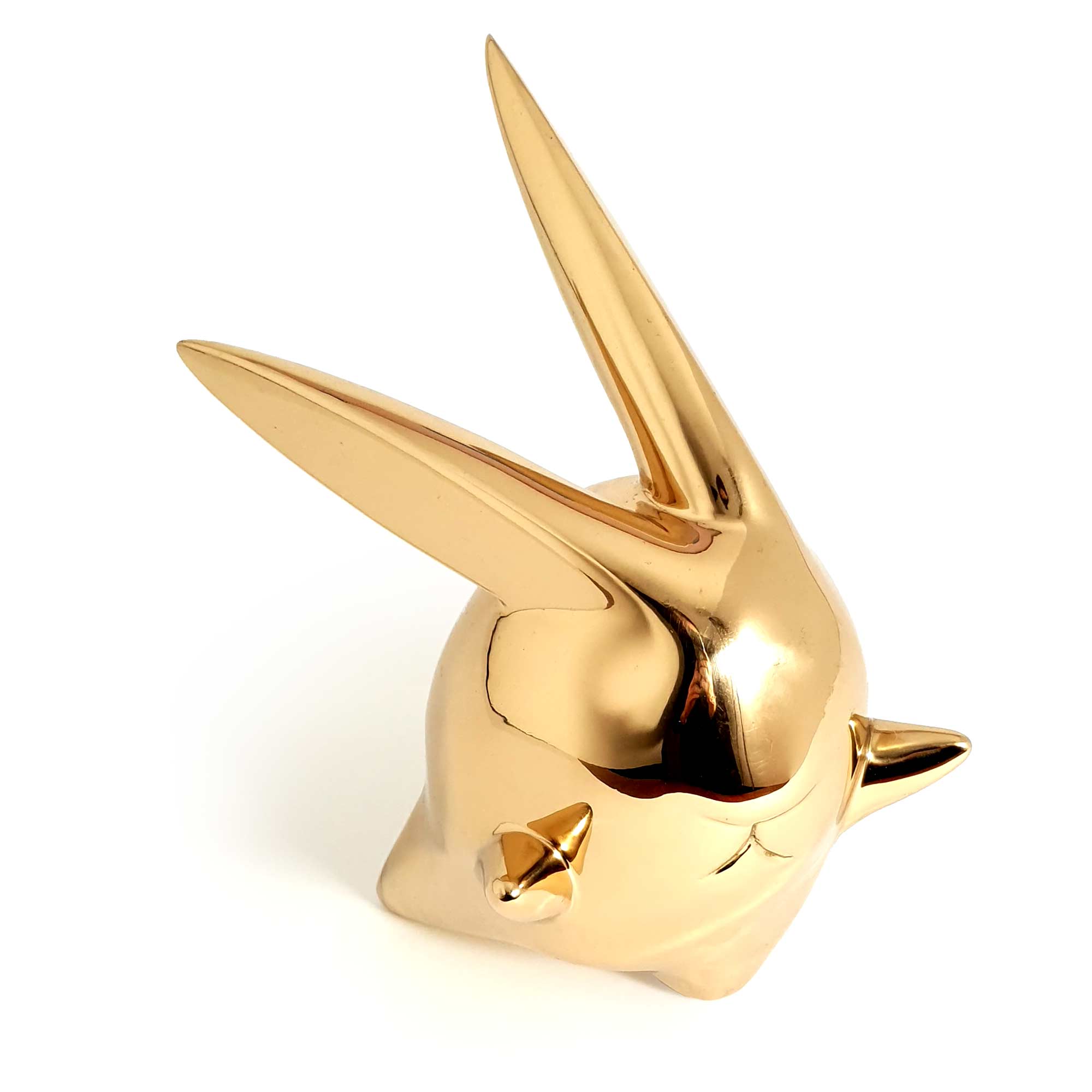 Flight or Fight, bunny rabbit sculpture, gold Mirror Polished Stainless Steel Sculpture, by artist Ferdi B Dick, top view