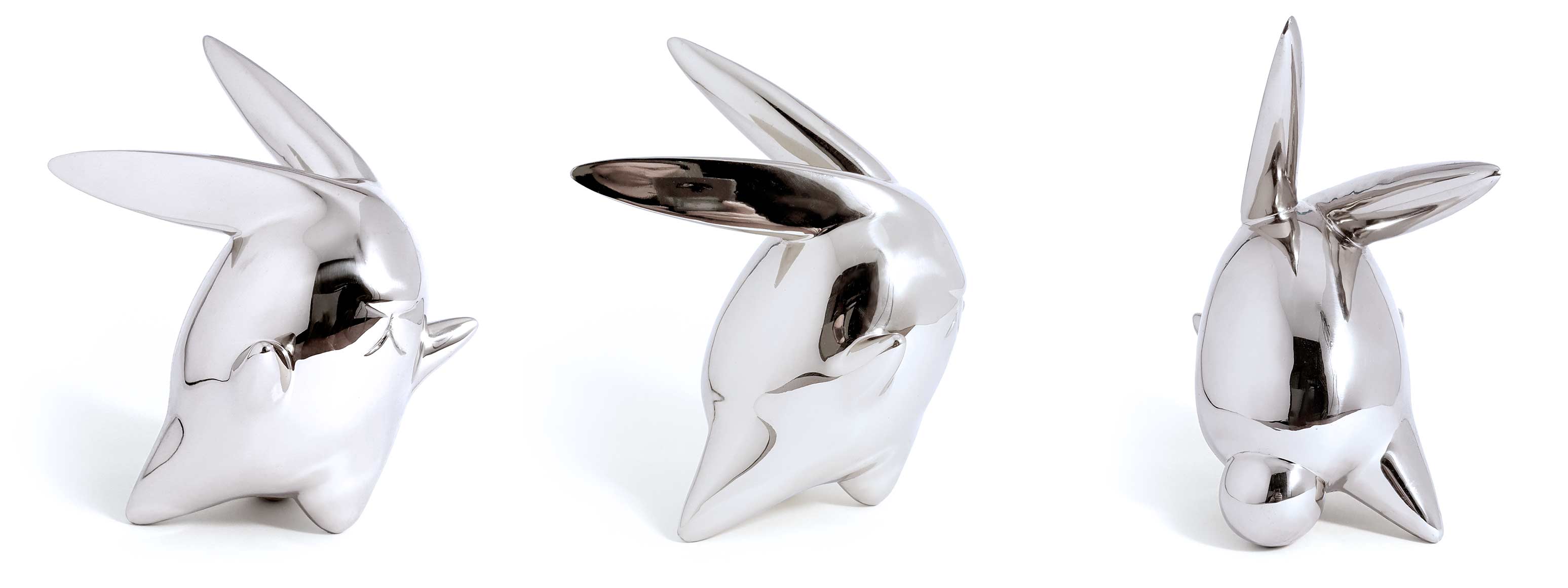 Flight or Fight, bunny rabbit sculpture, Mirror Polished Stainless Steel Sculpture, by artist Ferdi B Dick, banner