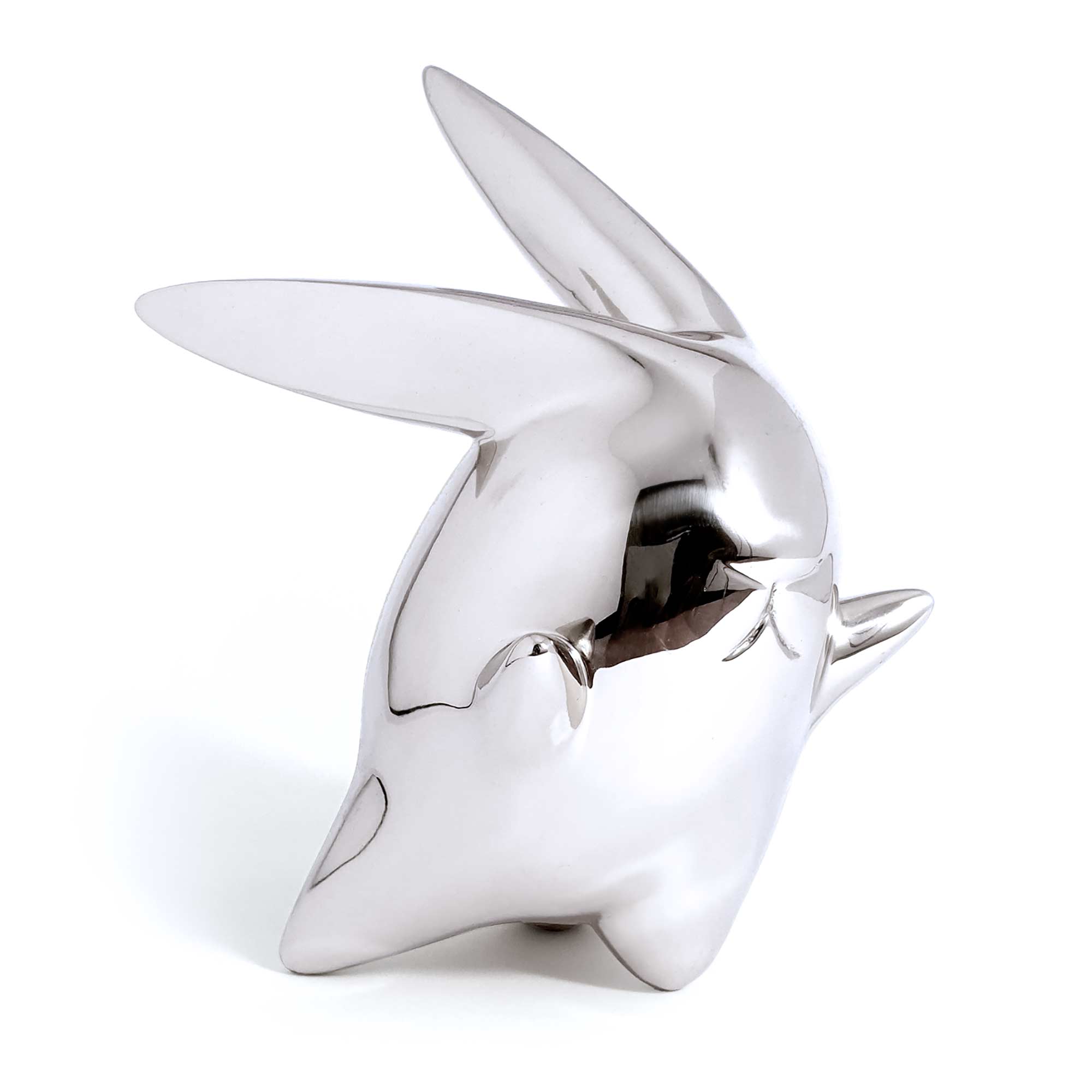 Flight or Fight, bunny rabbit sculpture, Mirror Polished Stainless Steel Sculpture, by artist Ferdi B Dick, hero view 