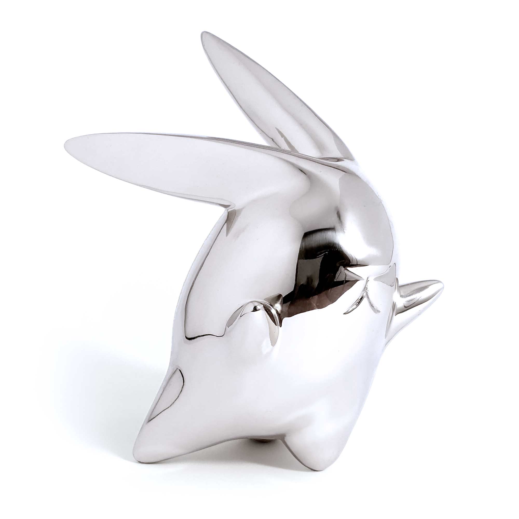 Flight or Fight, bunny rabbit sculpture, Mirror Polished Stainless Steel Sculpture, by artist Ferdi B Dick, hero view
