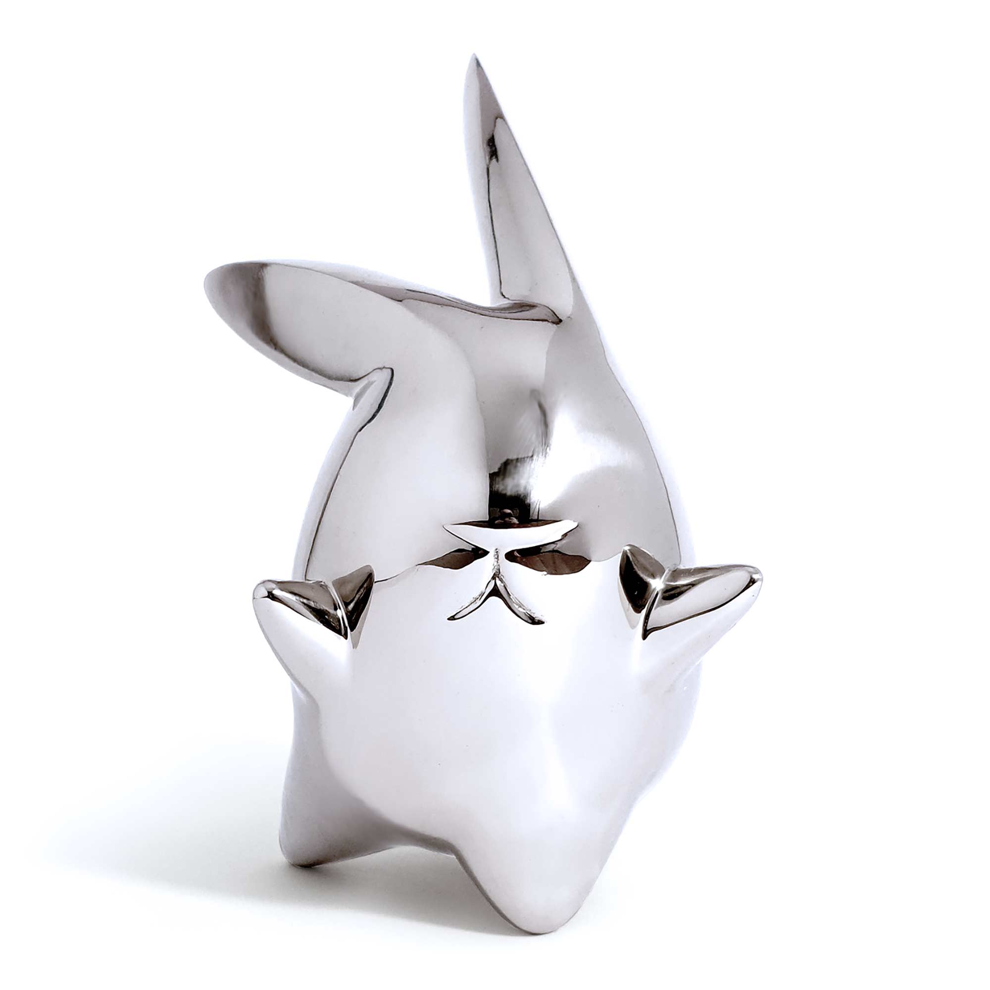 Flight or Fight, bunny rabbit sculpture, Mirror Polished Stainless Steel Sculpture, by artist Ferdi B Dick, front view