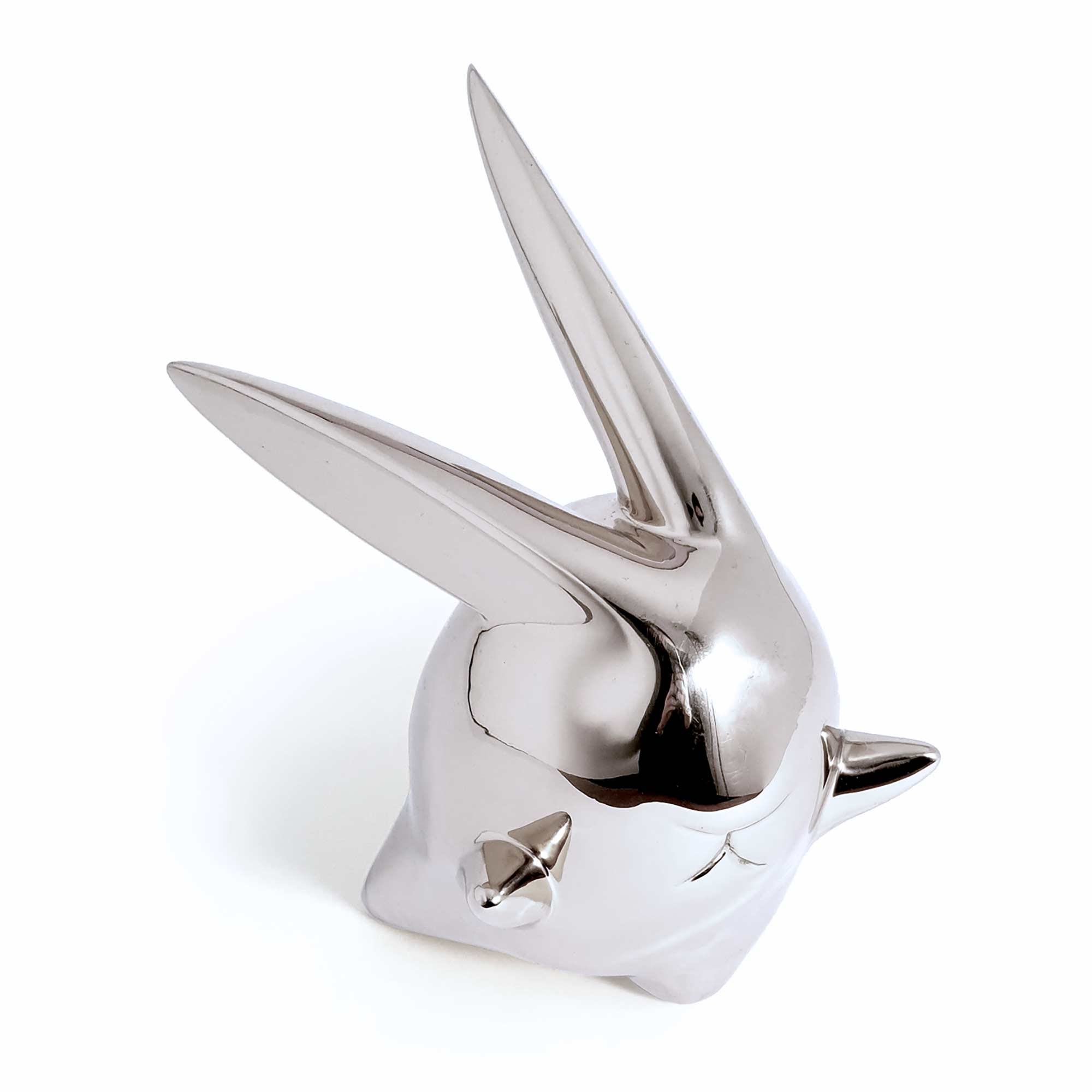 Flight or Fight, bunny rabbit sculpture, Mirror Polished Stainless Steel Sculpture, by artist Ferdi B Dick, top view