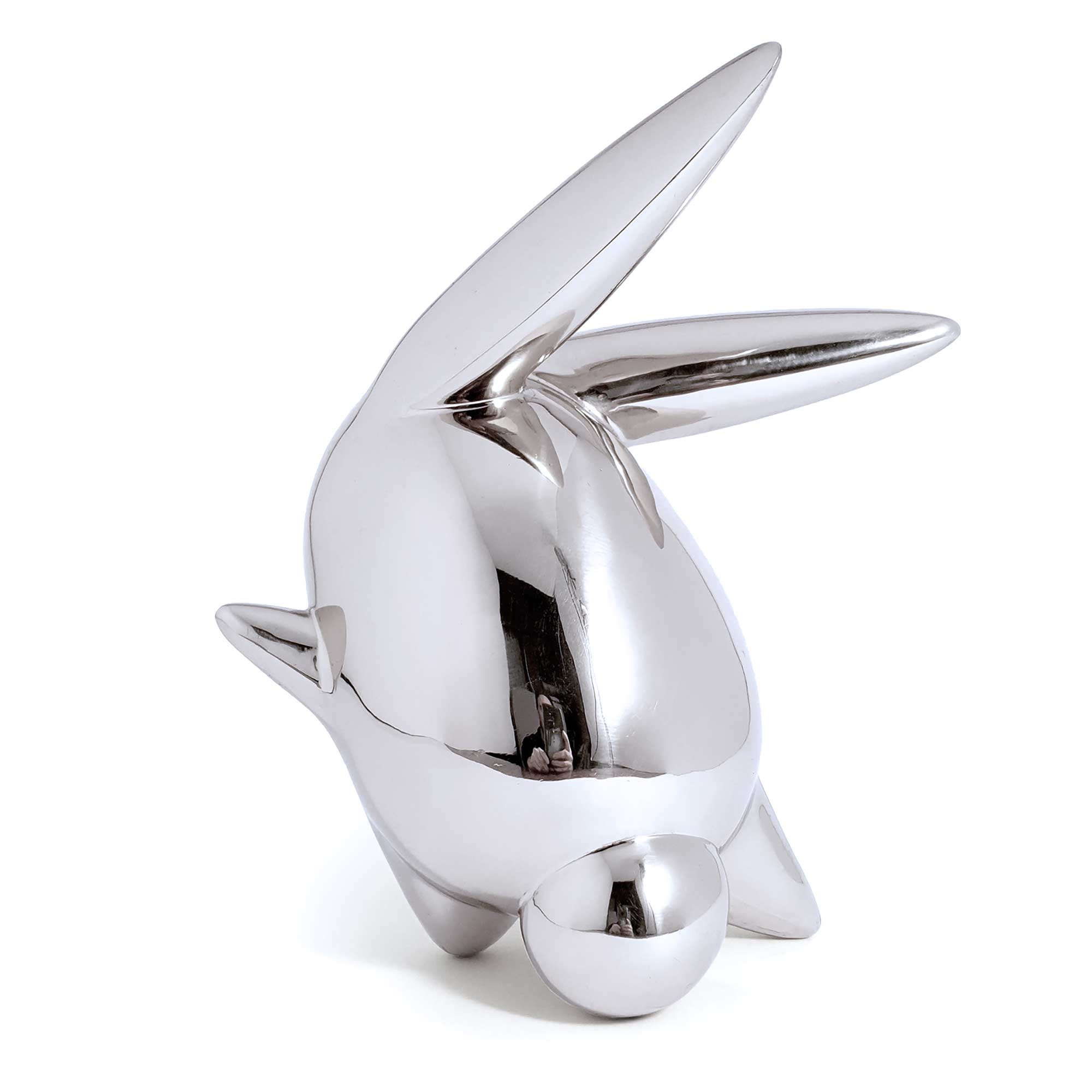 Flight or Fight, bunny rabbit sculpture, Mirror Polished Stainless Steel Sculpture, by artist Ferdi B Dick, back view
