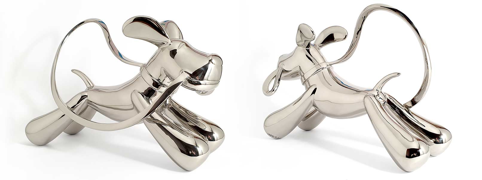 Taking the lead, dog sculpture, Mirror Polished Stainless Steel Sculpture, by artist Ferdi B Dick, banner view