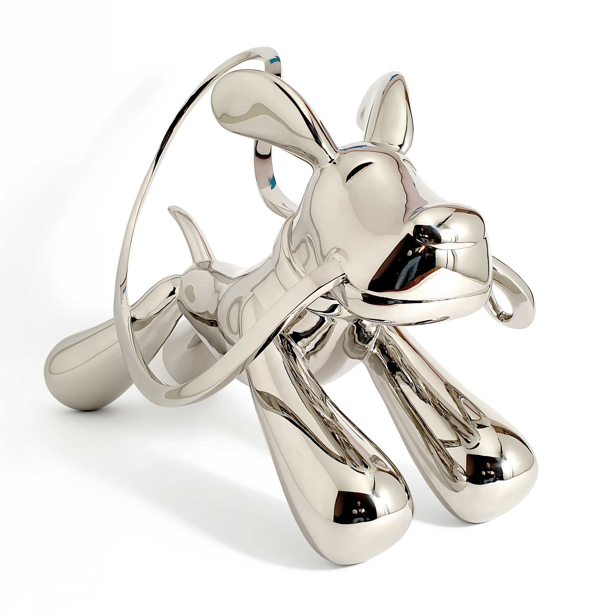 Taking the lead, dog sculpture, Mirror Polished Stainless Steel Sculpture, by artist Ferdi B Dick, hero view