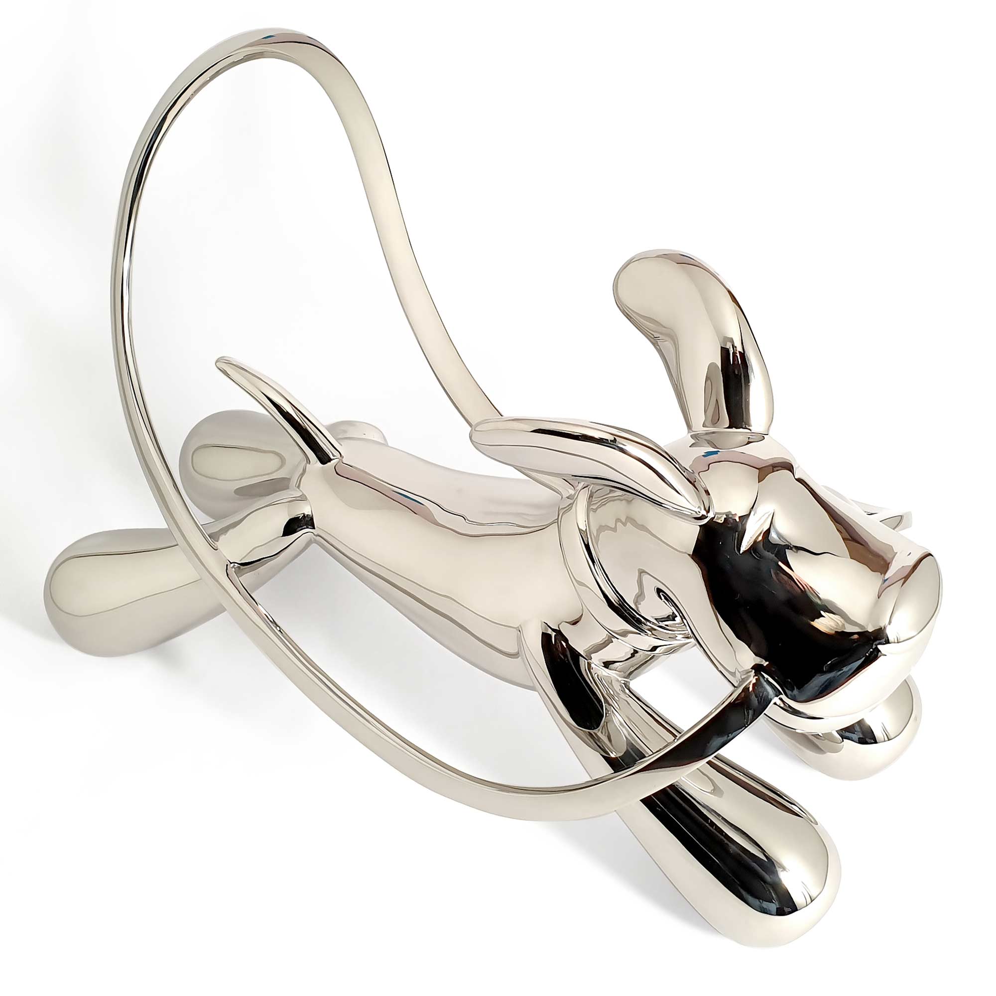 Taking the lead, dog sculpture, Mirror Polished Stainless Steel Sculpture, by artist Ferdi B Dick, top view 2