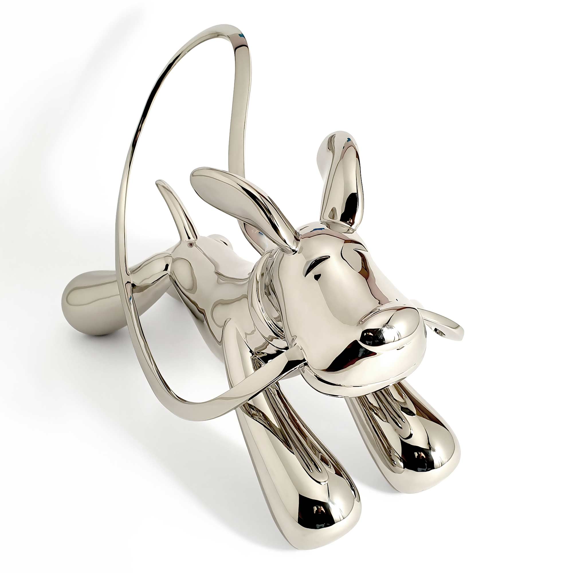 Taking the lead, dog sculpture, Mirror Polished Stainless Steel Sculpture, by artist Ferdi B Dick, top view