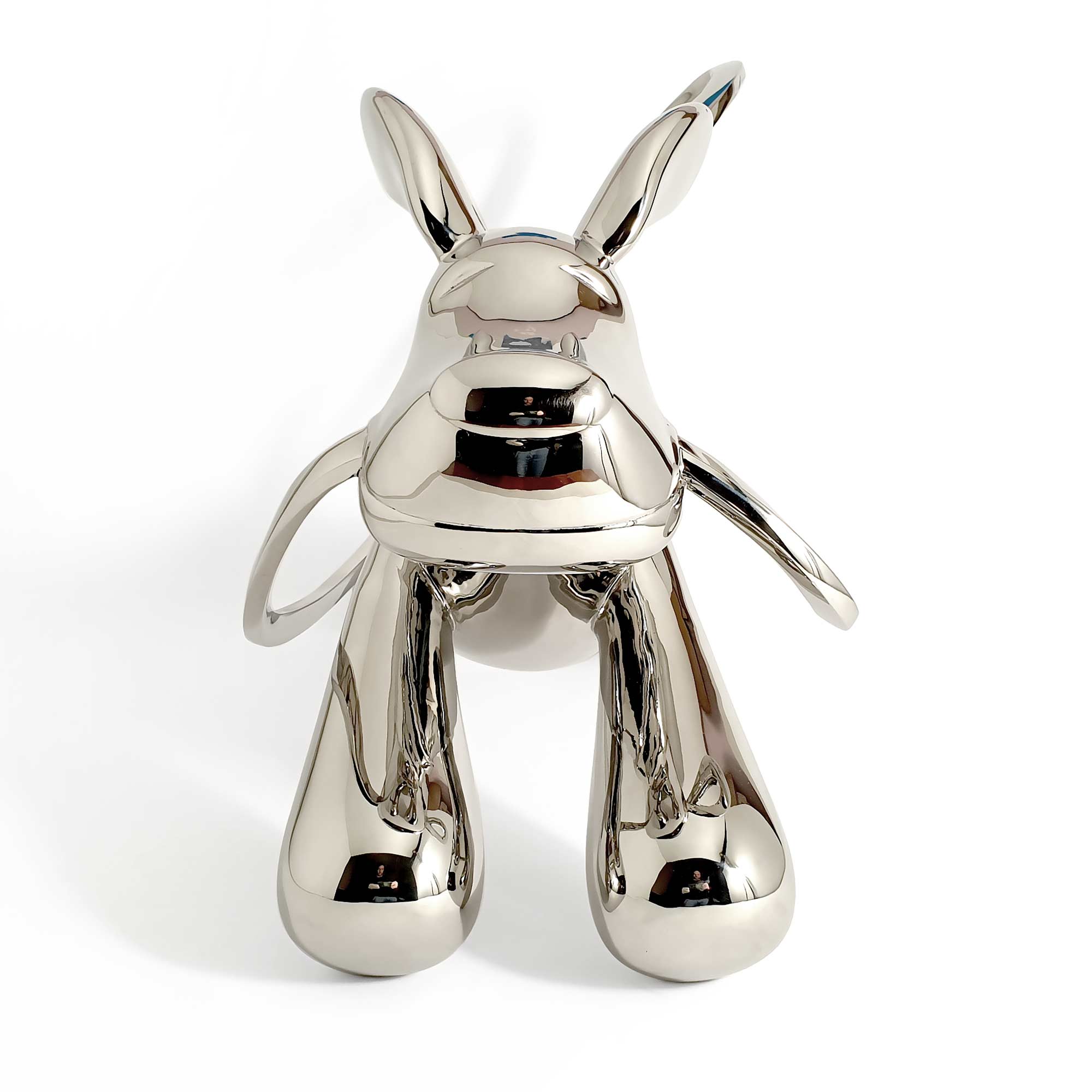 Taking the lead, dog sculpture, Mirror Polished Stainless Steel Sculpture, by artist Ferdi B Dick, front view