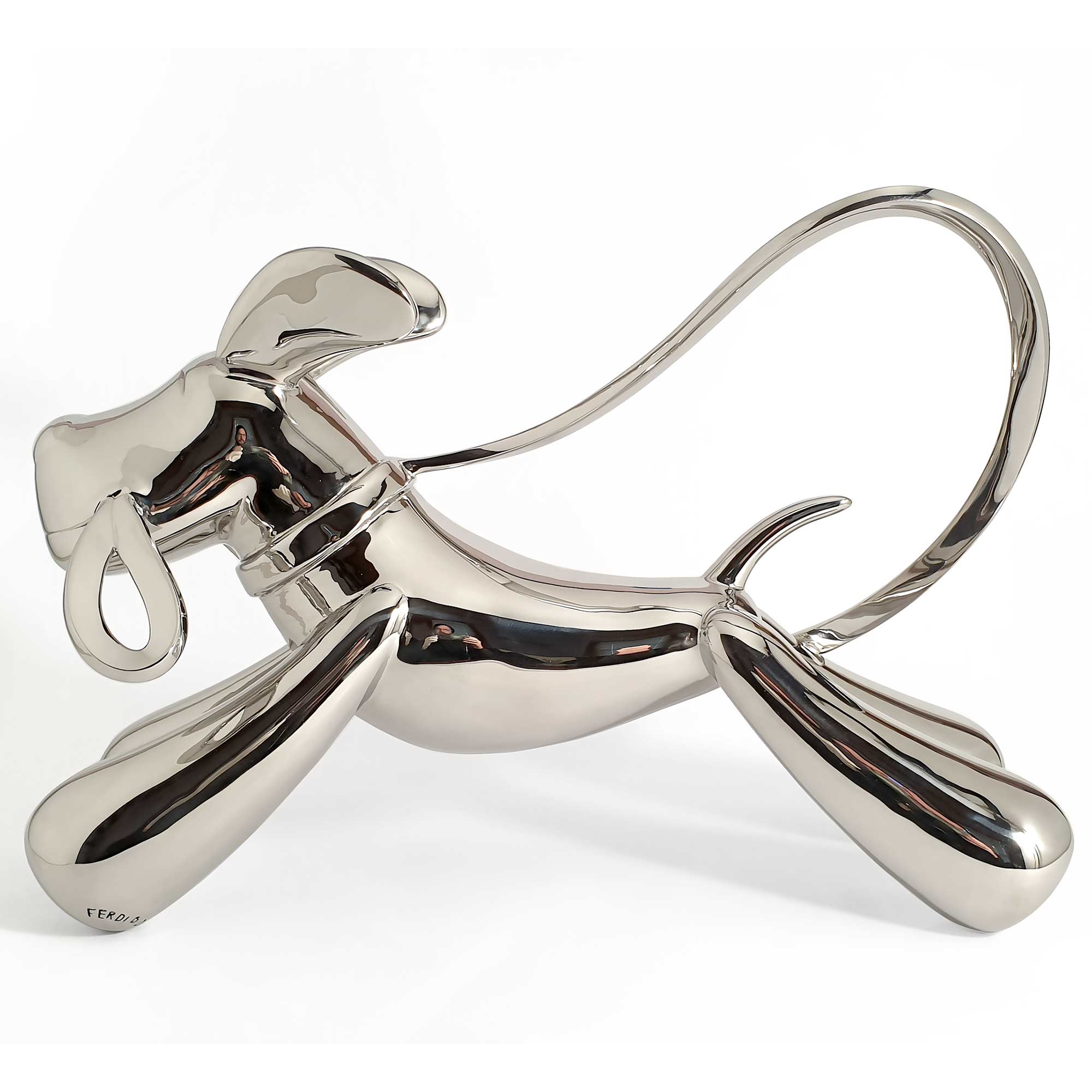 Taking the lead, dog sculpture, Mirror Polished Stainless Steel Sculpture, by artist Ferdi B Dick, side view