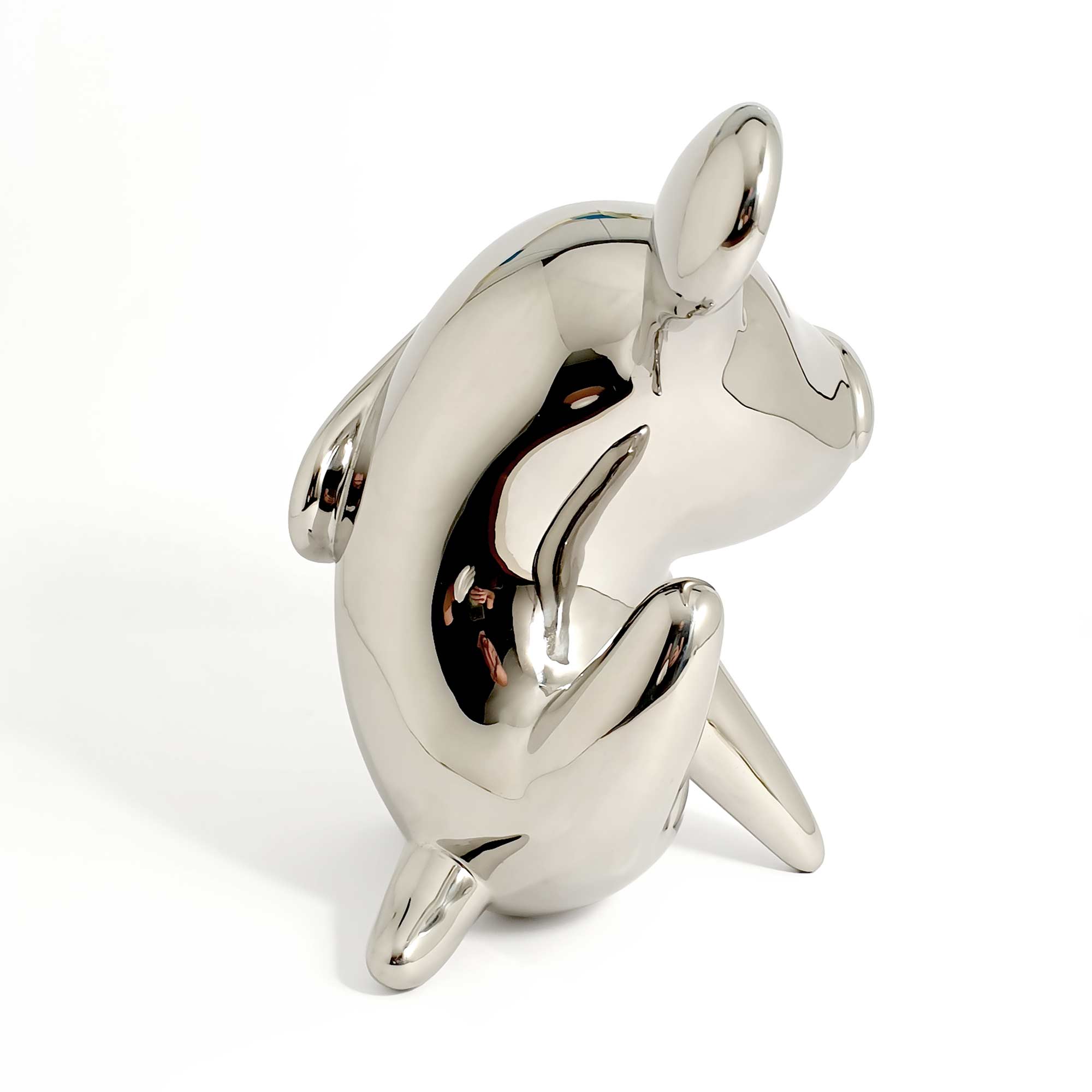 The itch, dog sculpture, Mirror Polished Stainless Steel Sculpture, by artist Ferdi B Dick, back 1 view