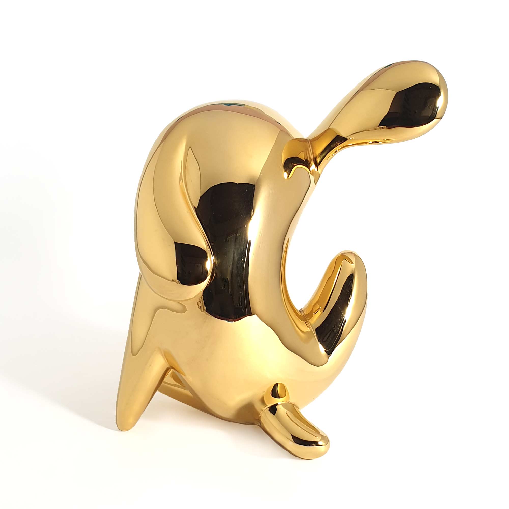 The itch, dog sculpture, Gold Mirror Polished Stainless Steel Sculpture, by artist Ferdi B Dick, back view 