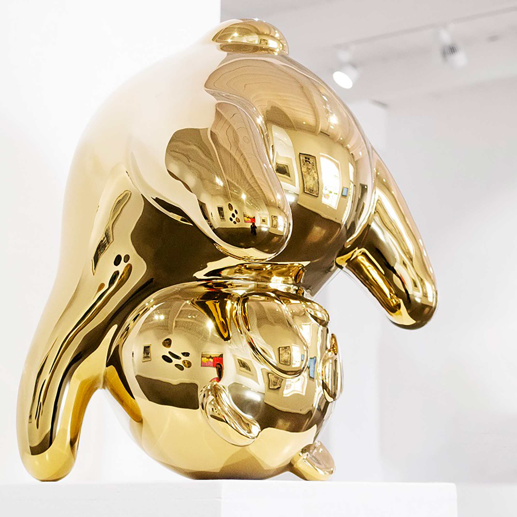 Panda-monium, gold coated Mirror Polished Stainless Steel Sculpture, by artist Ferdi B Dick, side 2