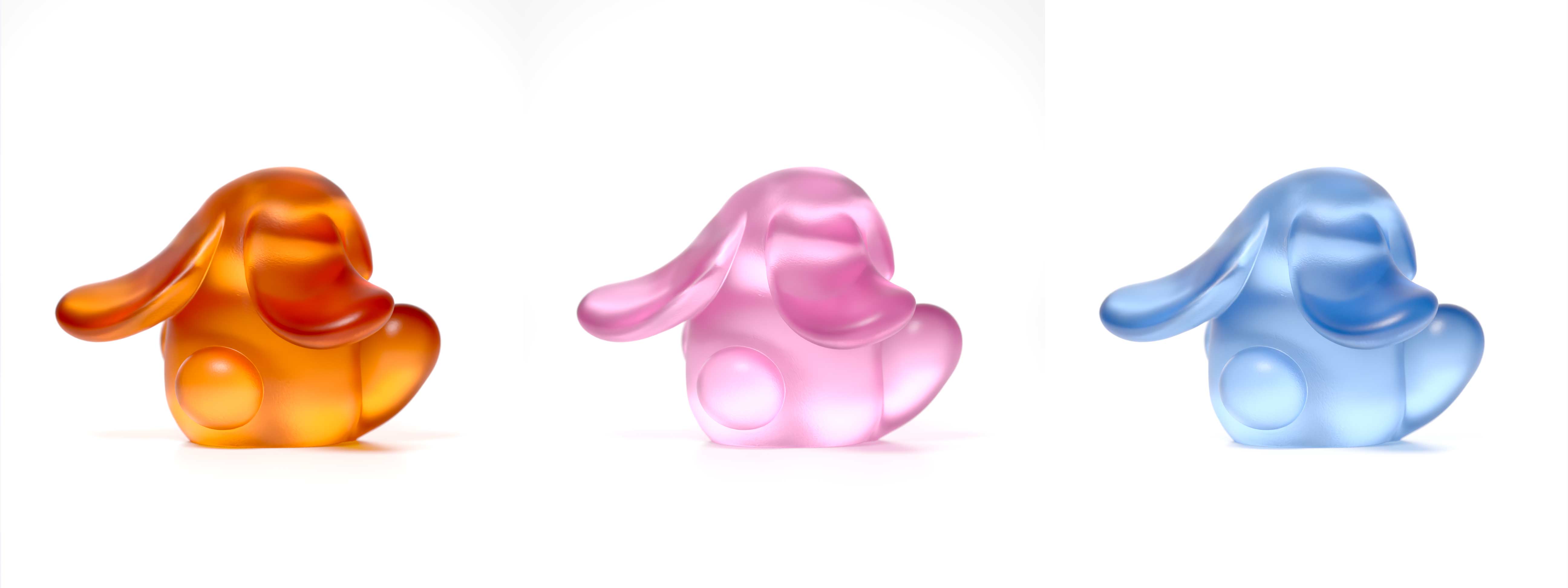 "Bunnie Roar Crystal," a sculpture, ambet, pink and blue colors, is an artistic creation by Ferdi B Dick 01 
