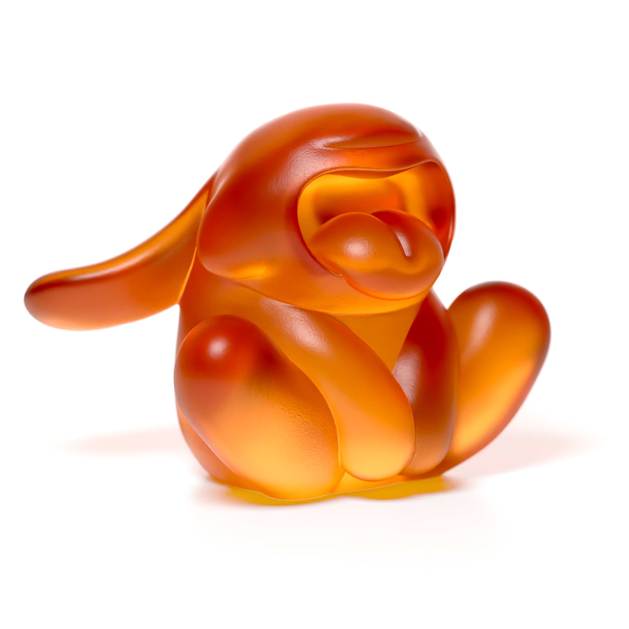 "Bunnie Roar Crystal," a sculpture, amber color, is an artistic creation by Ferdi B Dick 04, 45 degree vire