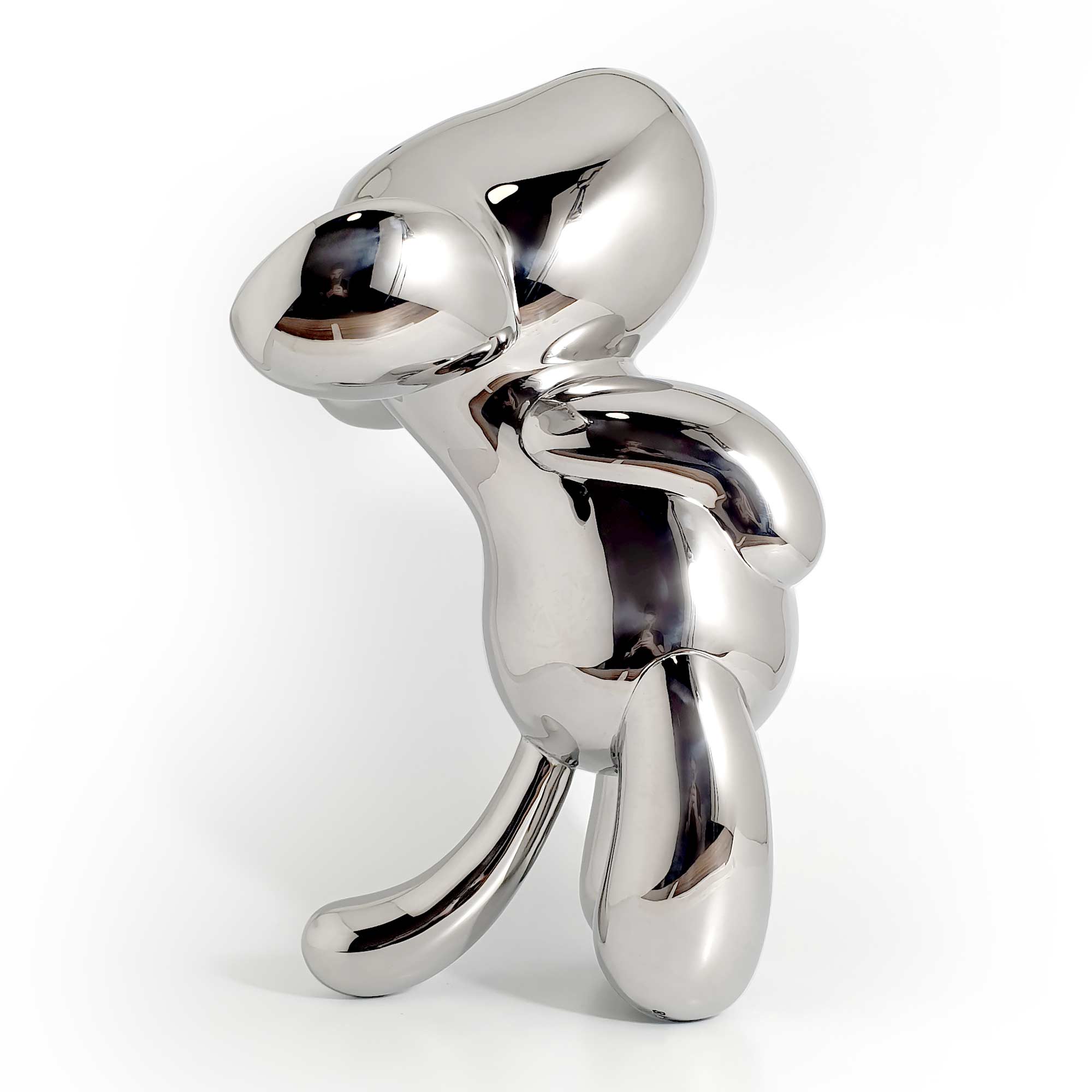Up and up, dog sculpture, Mirror Polished Stainless Steel Sculpture, by artist Ferdi B Dick, side view