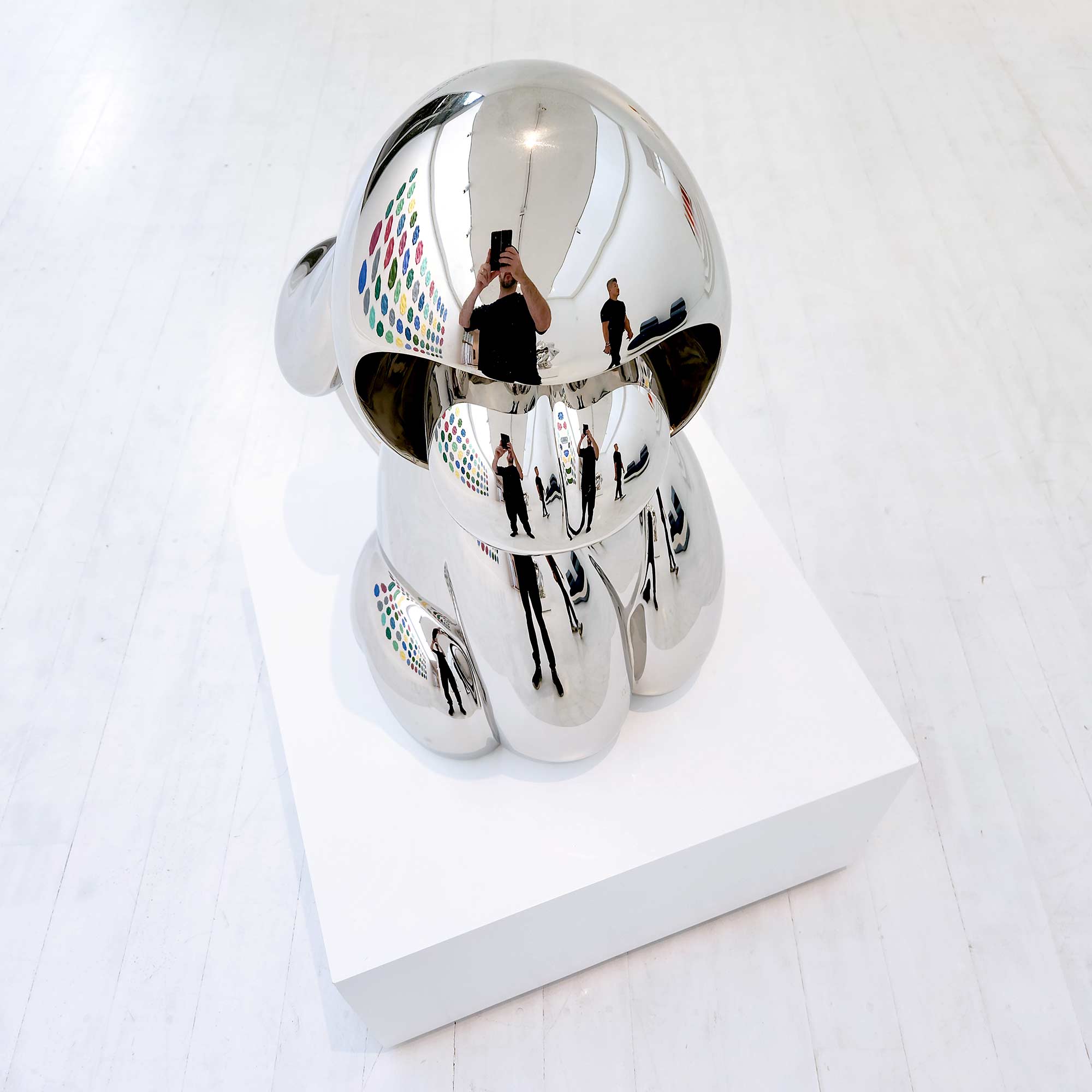 Dog Roar, Polished Stainless steel sculpture, 80 cm high by Ferdi B Dick, top view