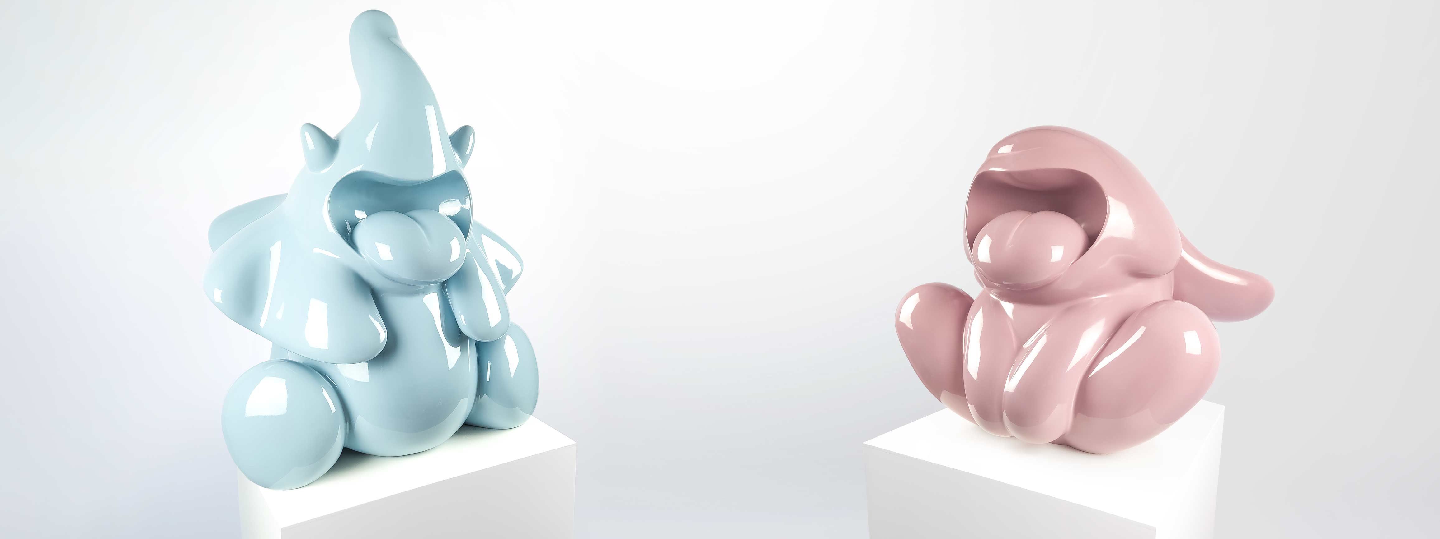 Bunnie and Ellie Roar Stainless Steel, a bunny colour pink and elaphant in blue, Limited edition, designed by Ferdi B Dick