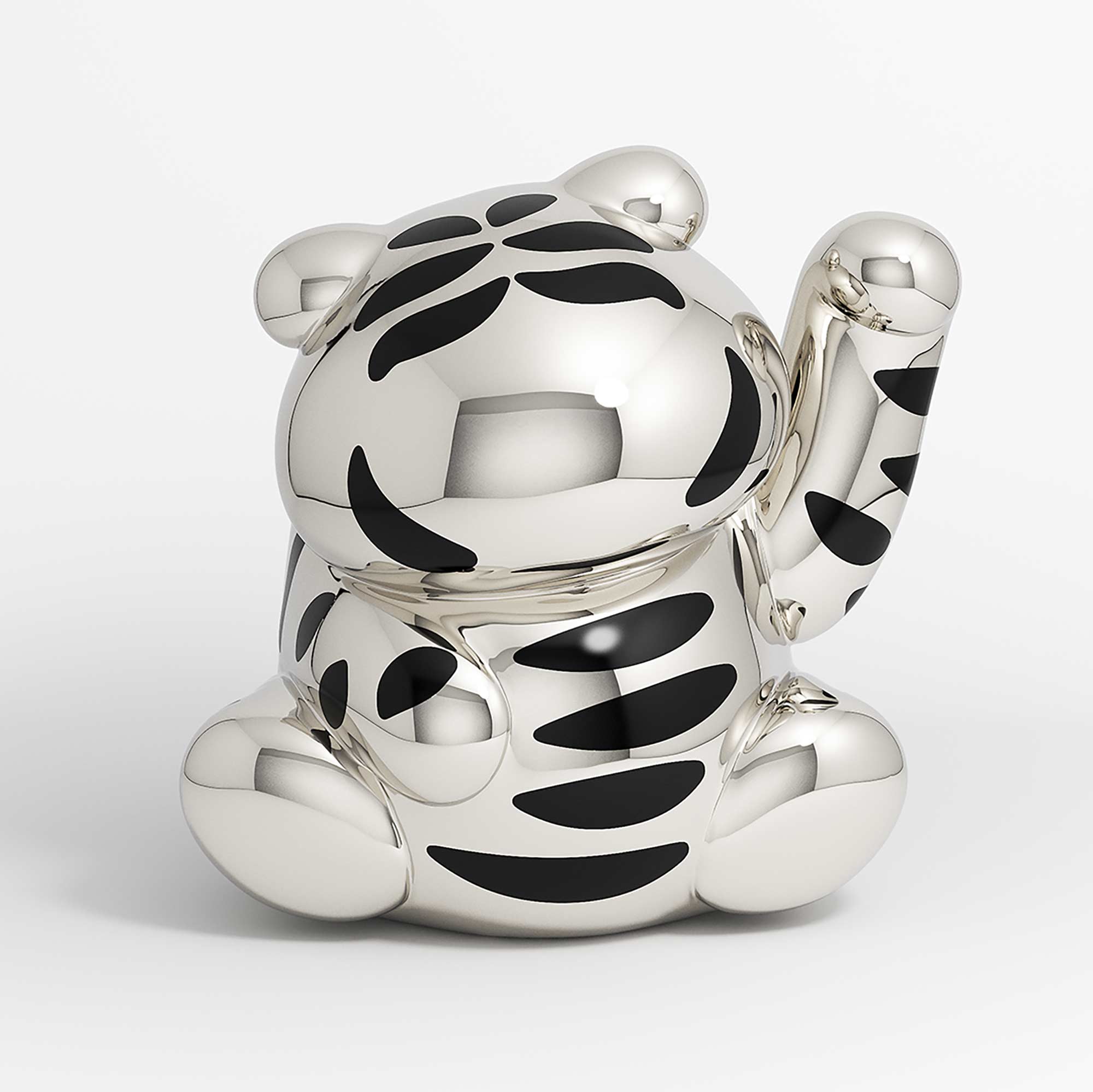 Lucky Tiger Cub, tiger cat sculpture, Mirror Polished Stainless Steel Sculpture, by artist Ferdi B Dick, front view