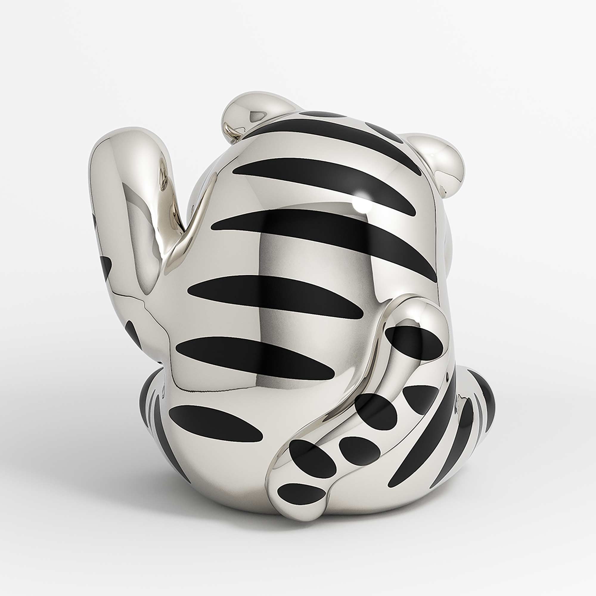 Lucky Tiger Cub, tiger cat sculpture, Mirror Polished Stainless Steel Sculpture, by artist Ferdi B Dick, back view